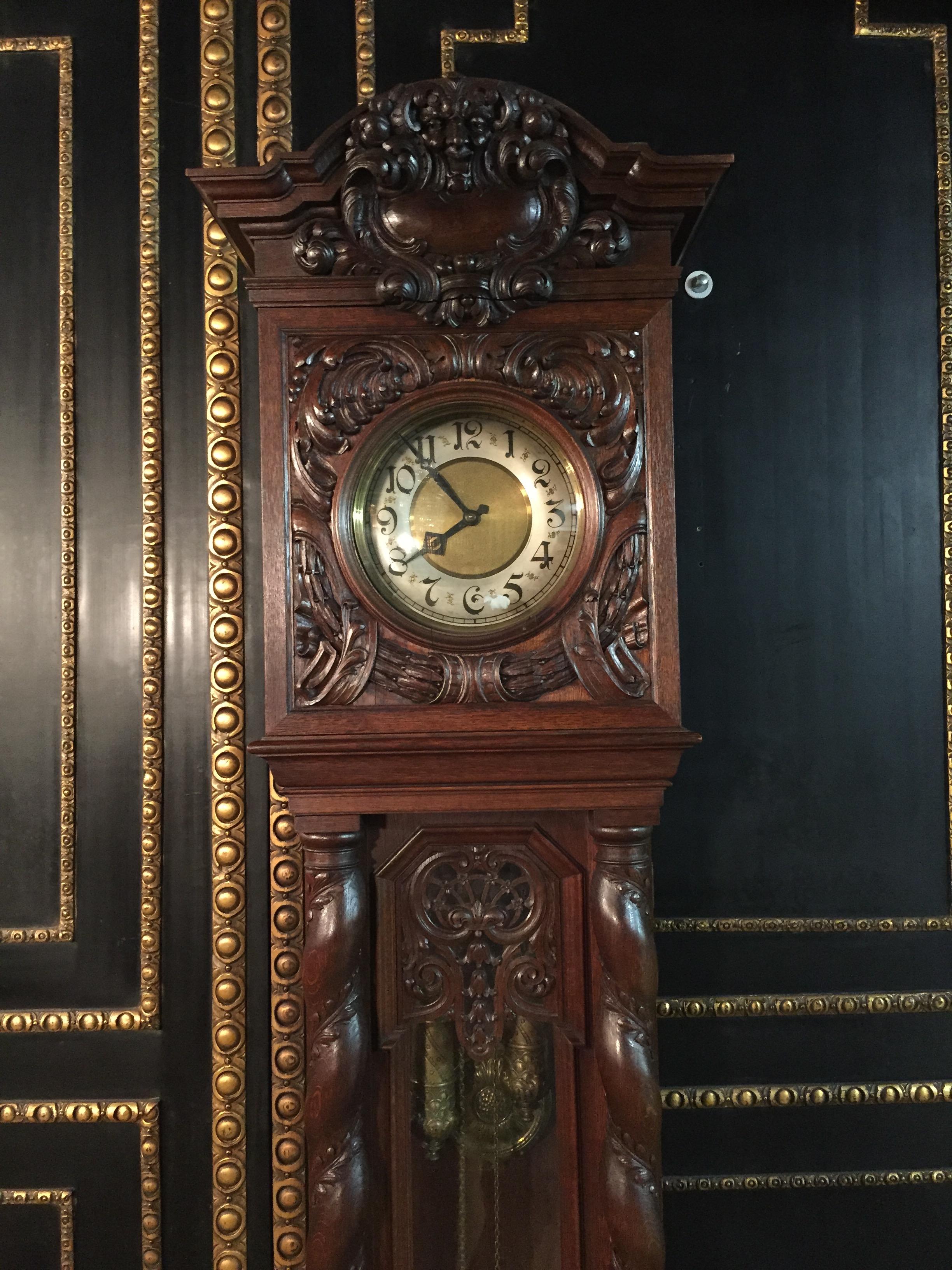 Hand-Carved Neo Renaissance Grandfather Clock, circa 1870 with 2 Columns