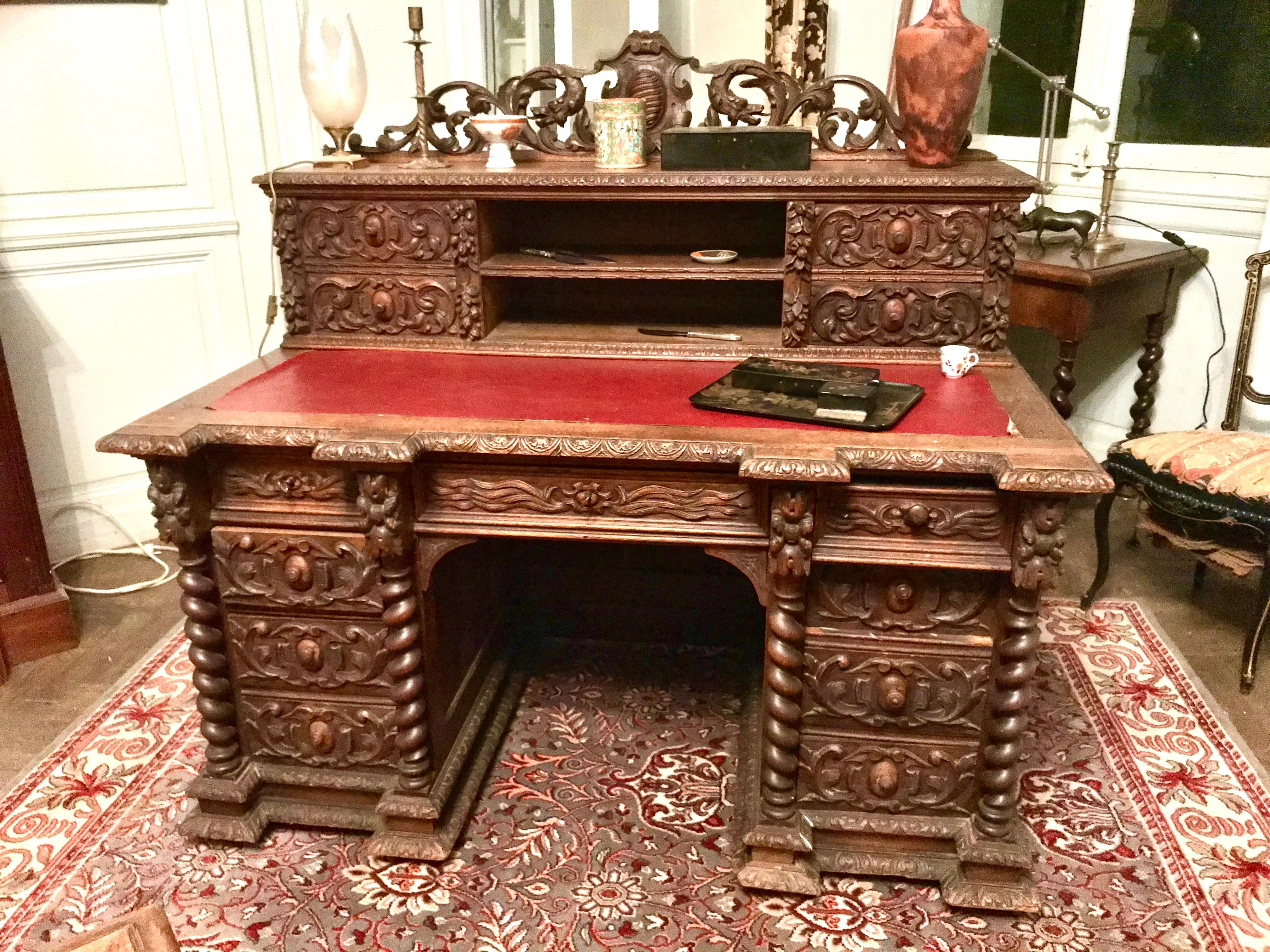 19th Century French Neo-Renaissance Hand-Carved Wooden Desk Henri II Style circa 1870 France