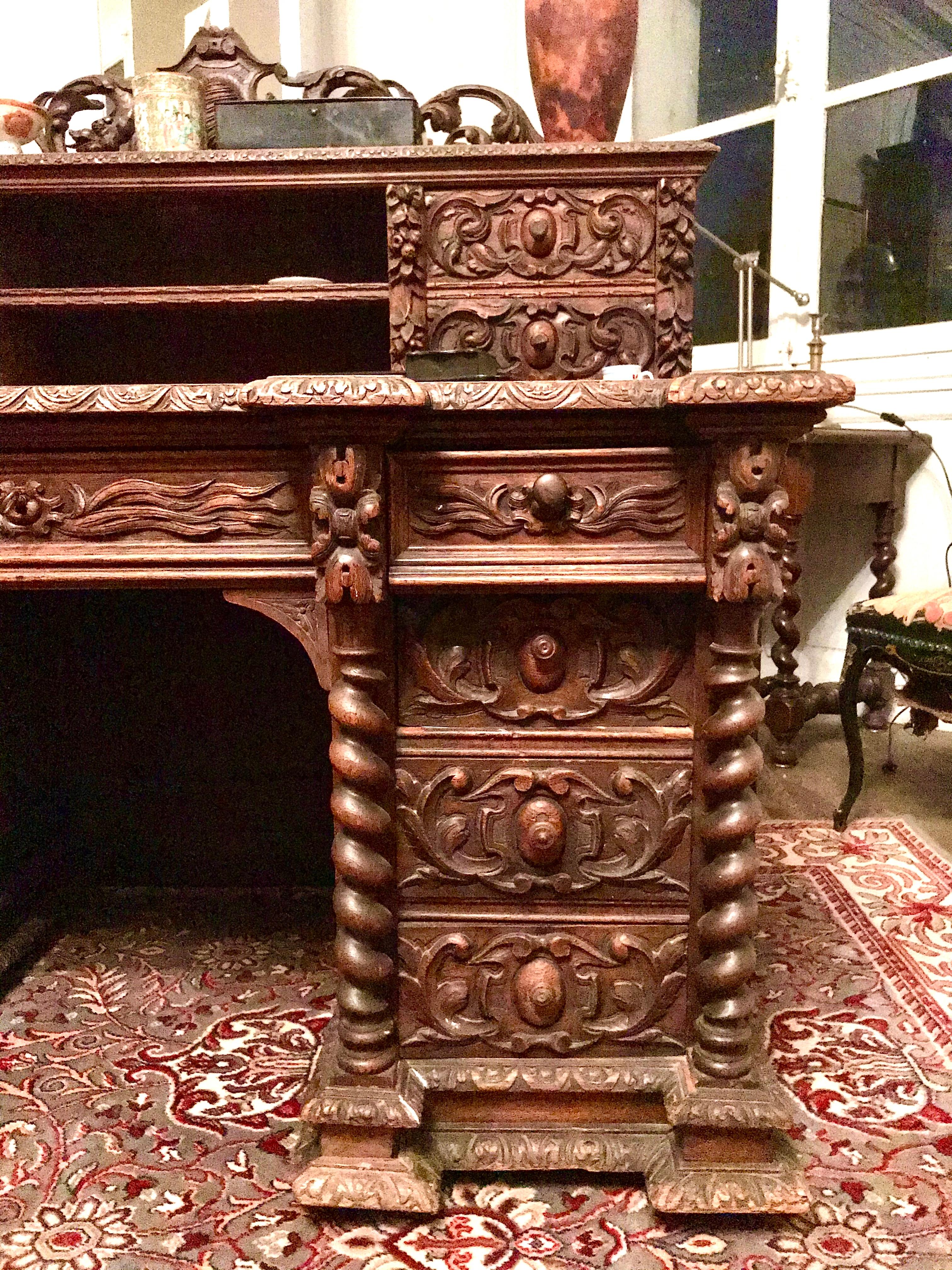 French Neo-Renaissance Hand-Carved Wooden Desk Henri II Style circa 1870 France 1