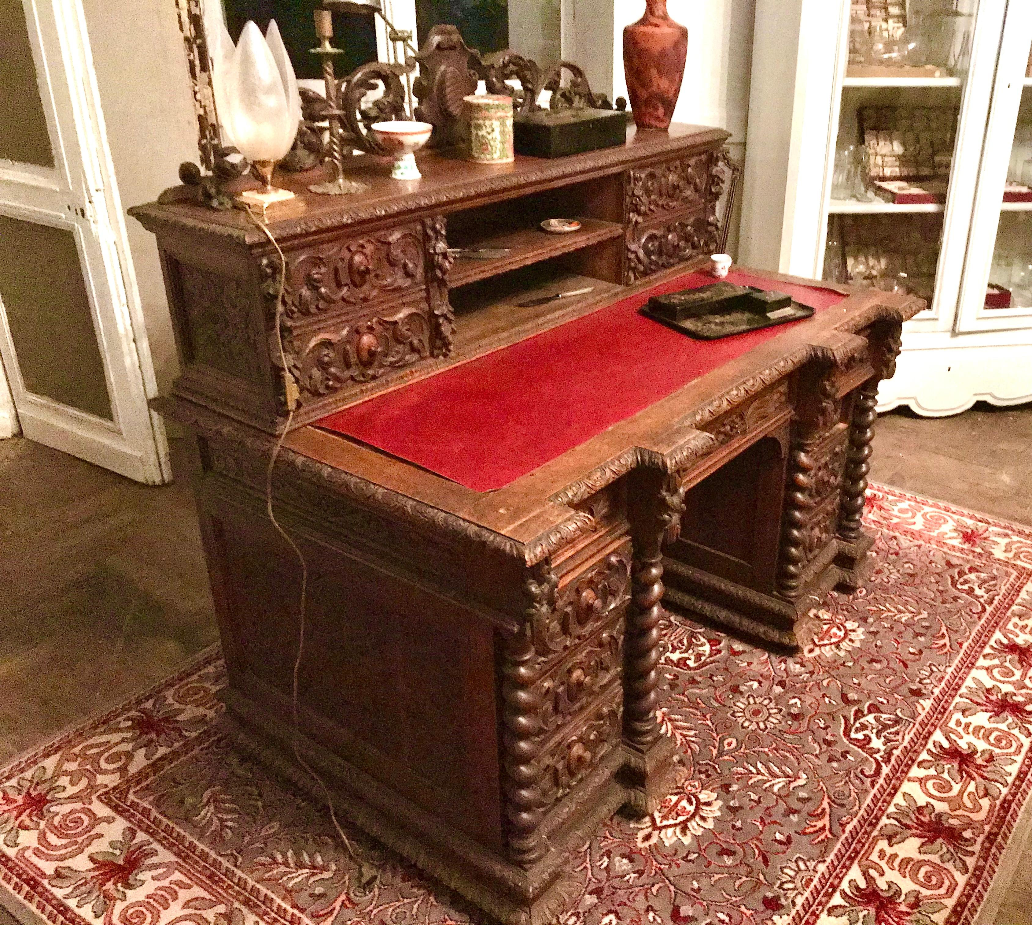 French Neo-Renaissance Hand-Carved Wooden Desk Henri II Style circa 1870 France 2