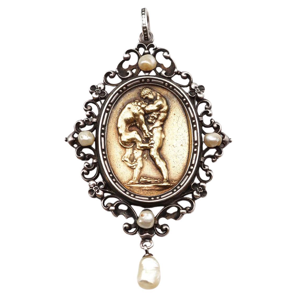 Neo-Renaissance Jules Wiese pendant, Hercules and Nemean Lion For Sale