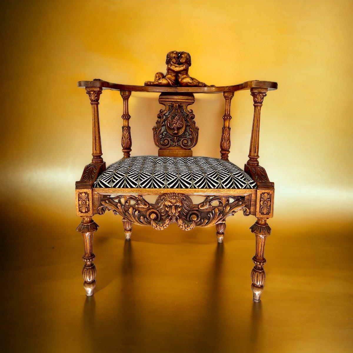 Neo-Renaissance putti armchair in sculpted wood, Louis XIII style, 19th century 6