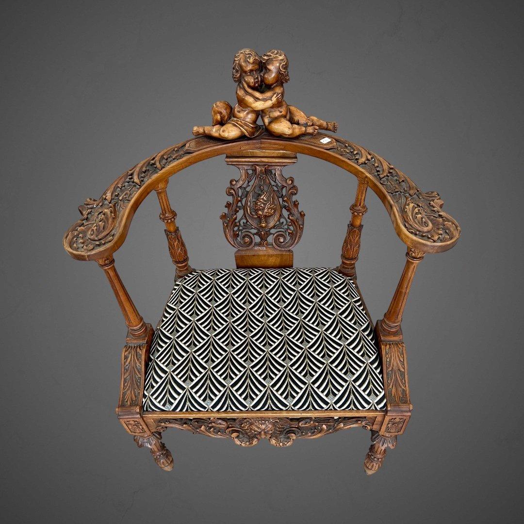 Neo-Renaissance putti armchair in sculpted wood, Louis XIII style, 19th century 1