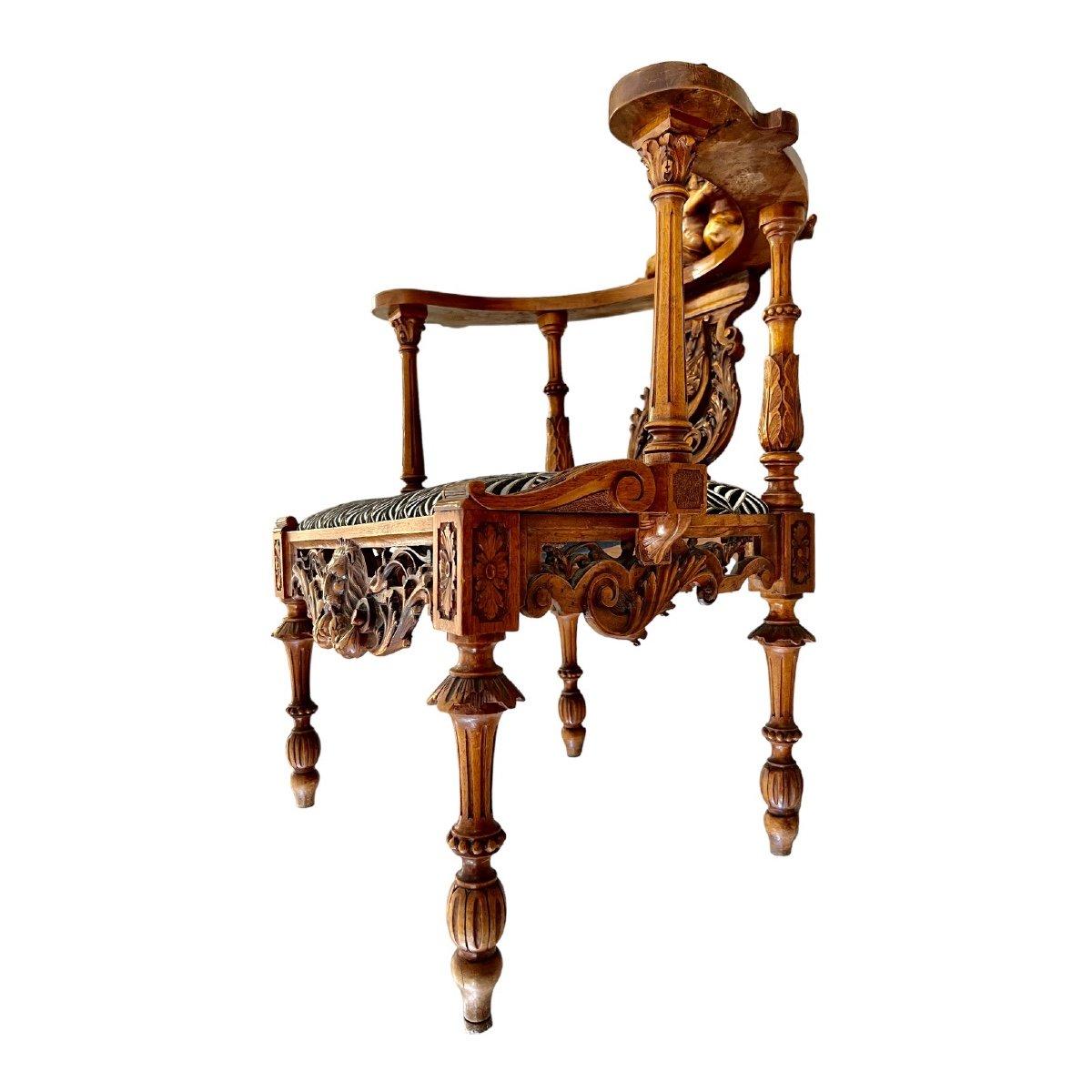 Neo-Renaissance putti armchair in sculpted wood, Louis XIII style, 19th century 3