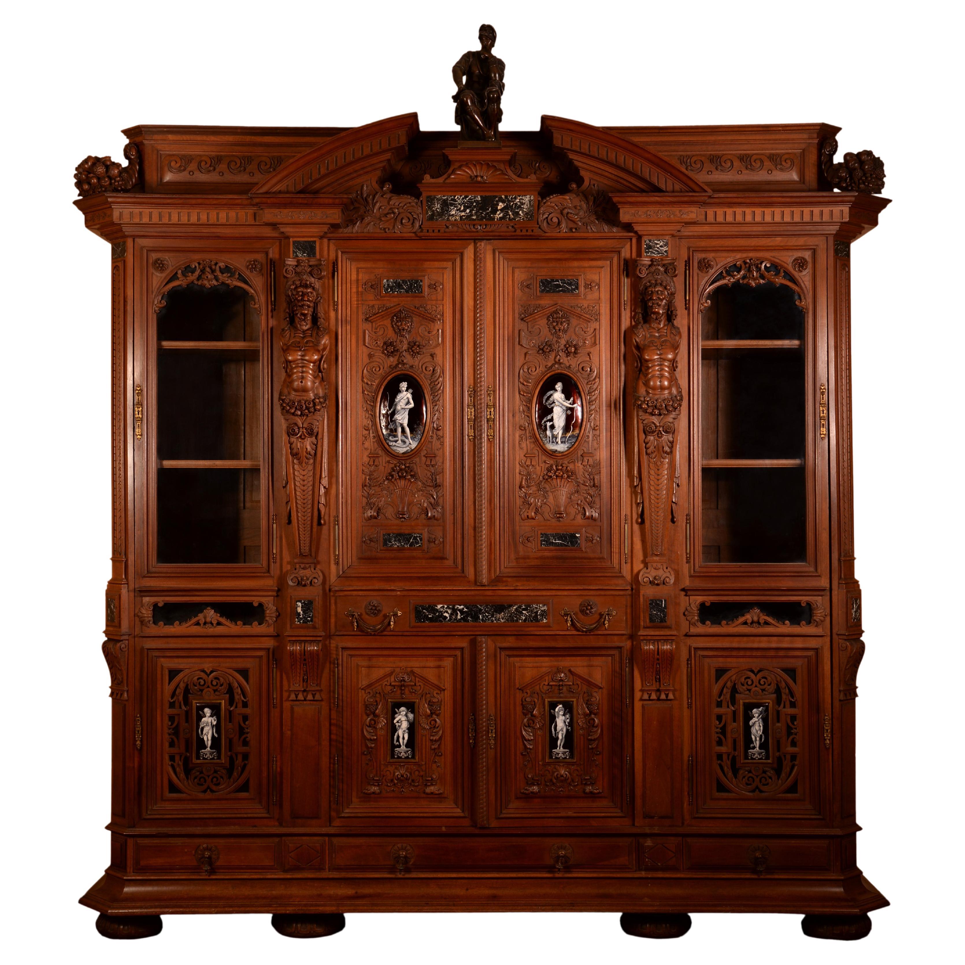 Neo-Renaissance style cabinet with painted enamels signed by Theophile Soyer For Sale