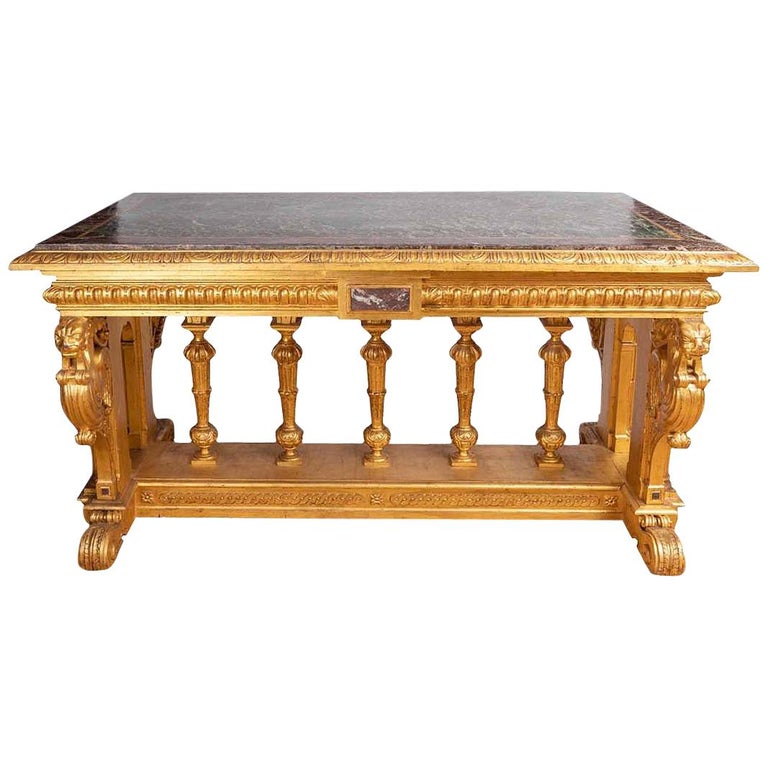 Néo Renaissance Style Giltwood Table with Marble Top, 19th Century For Sale