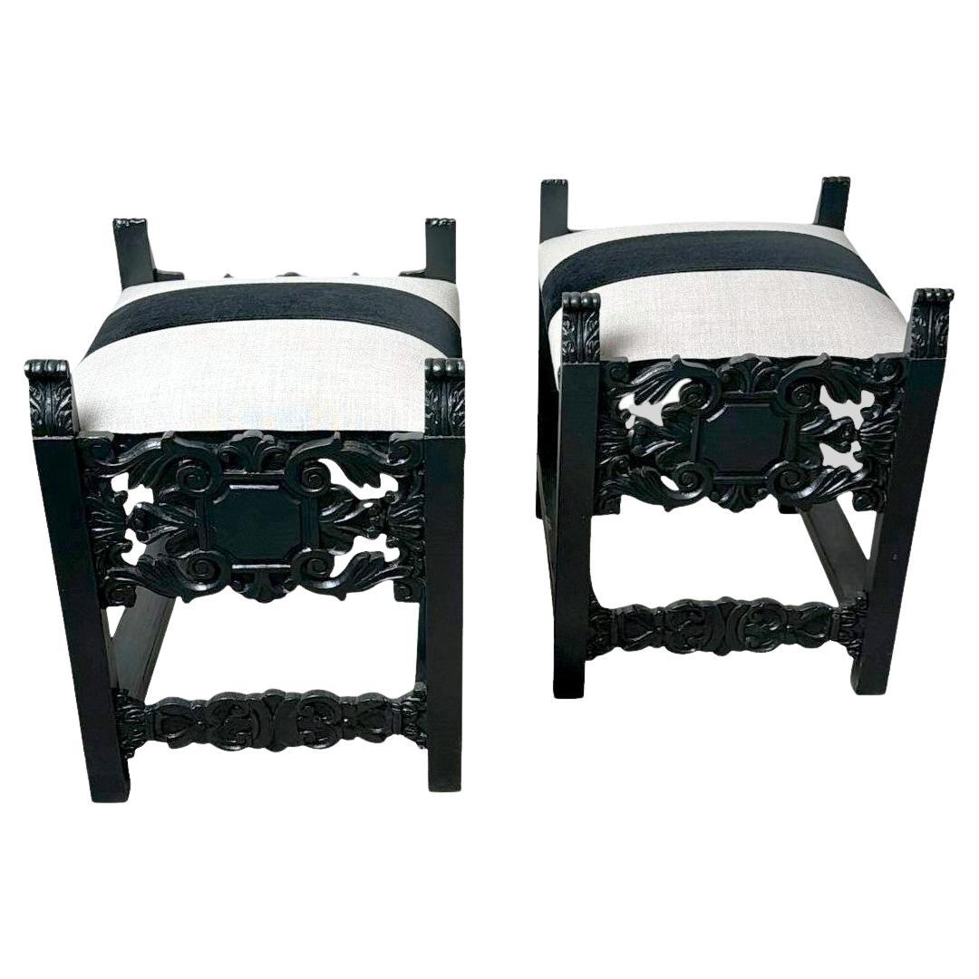 Neo-Renaissance Style Pair Of Italian Benches With Linen And Velvet Seats