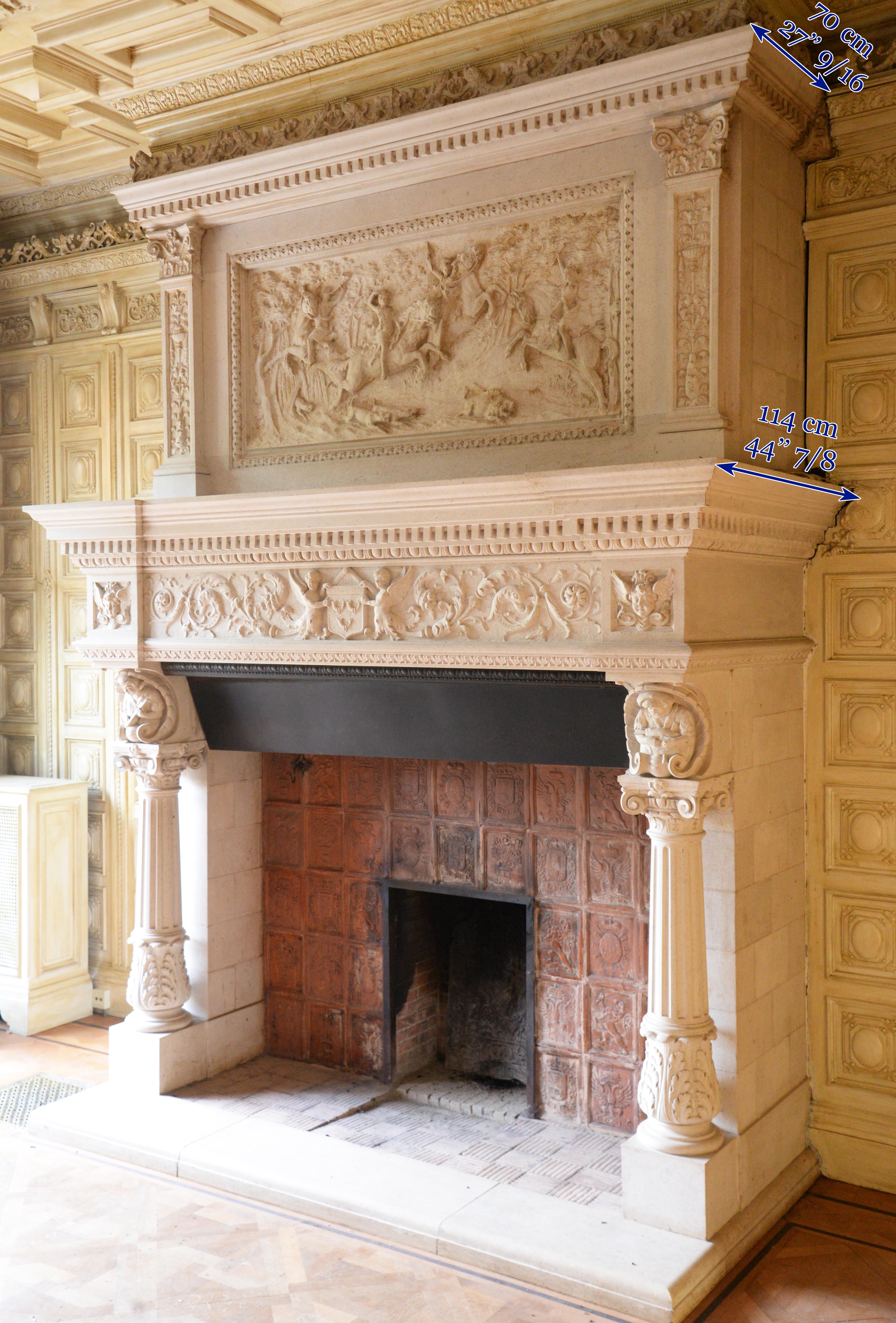 Carved Neo-Renaissance Style Stone Fireplace