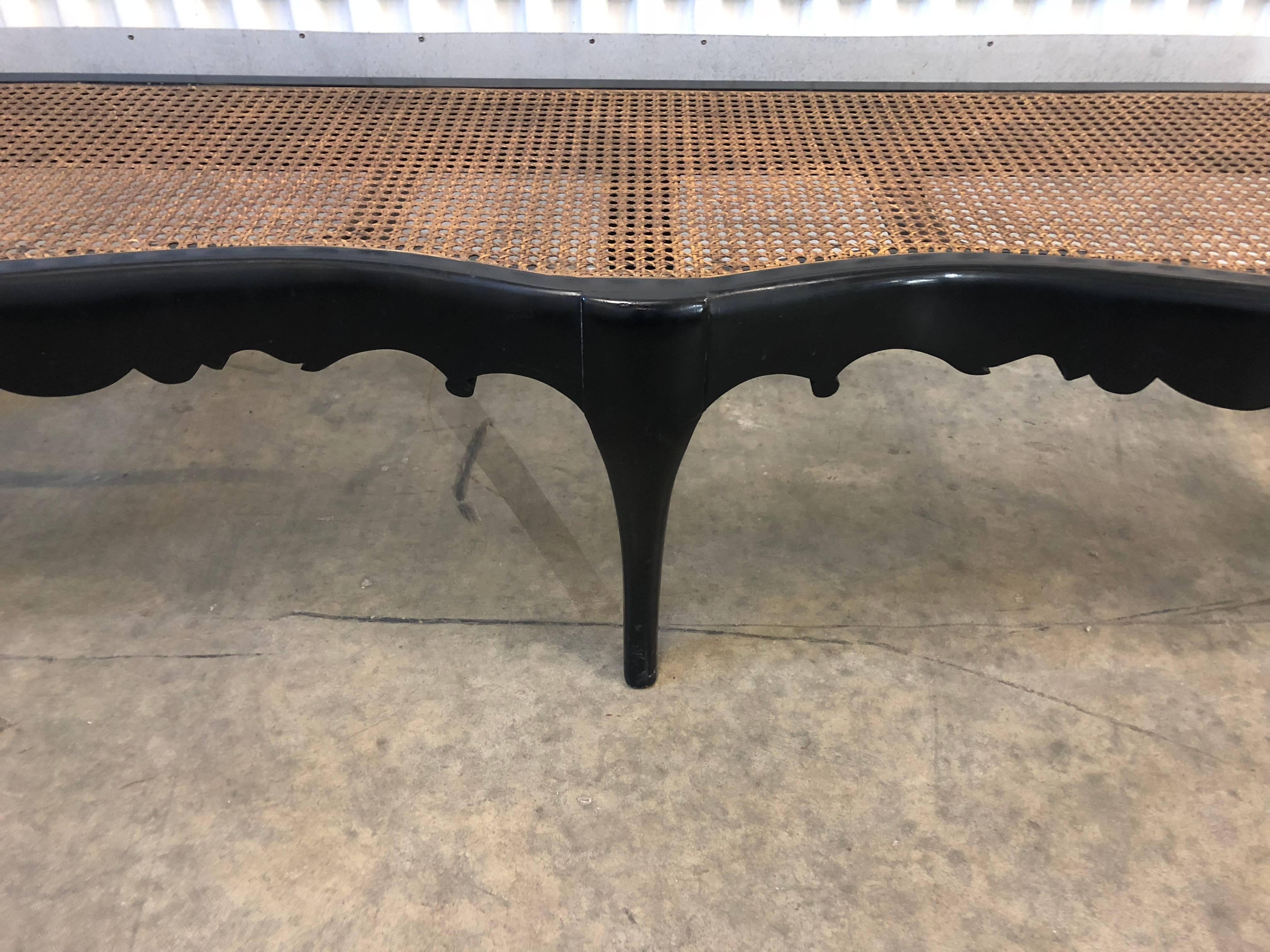 Ebonized Hollywood Regency Caned Bench, 1950