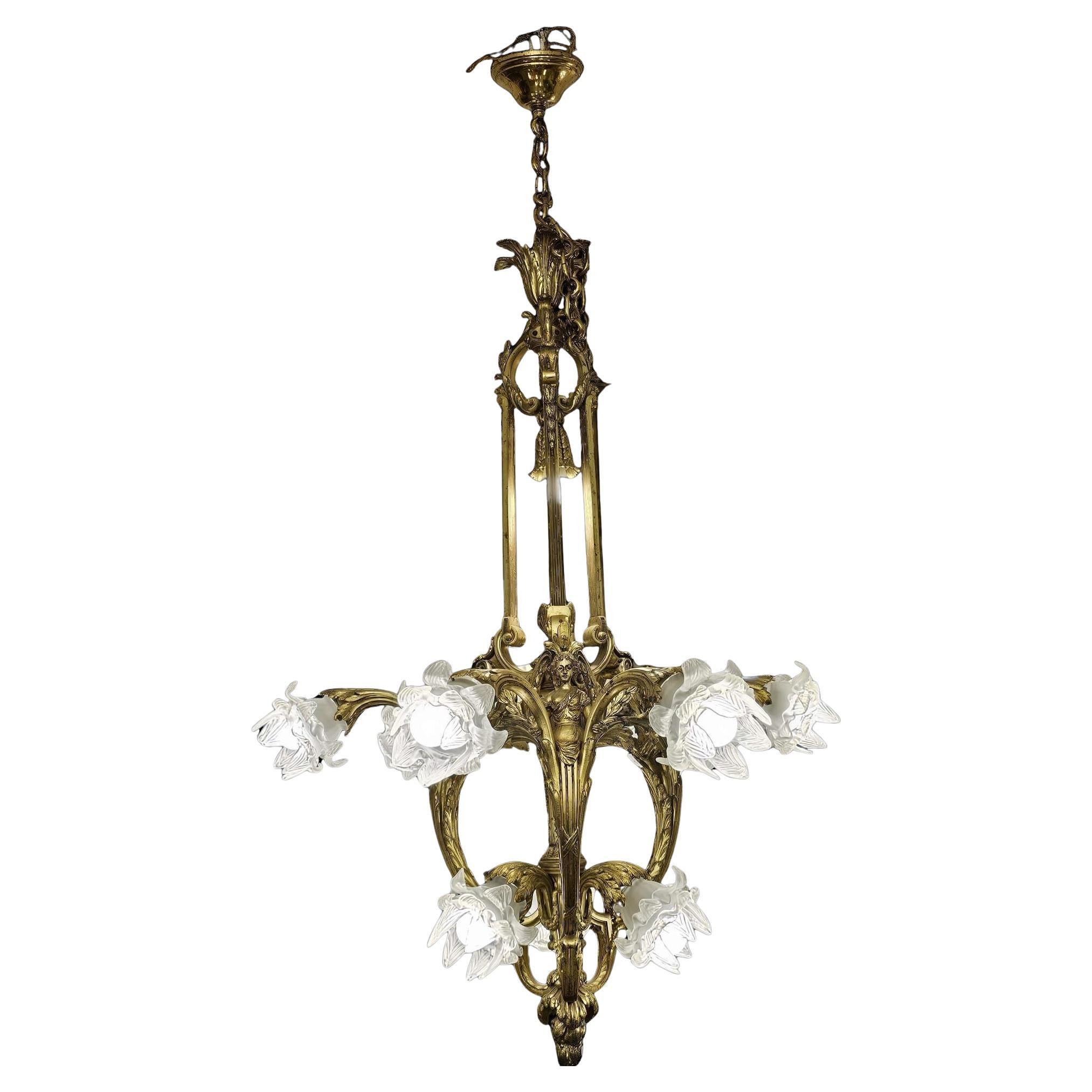 Lampadario neo rococò in bronzo dorato