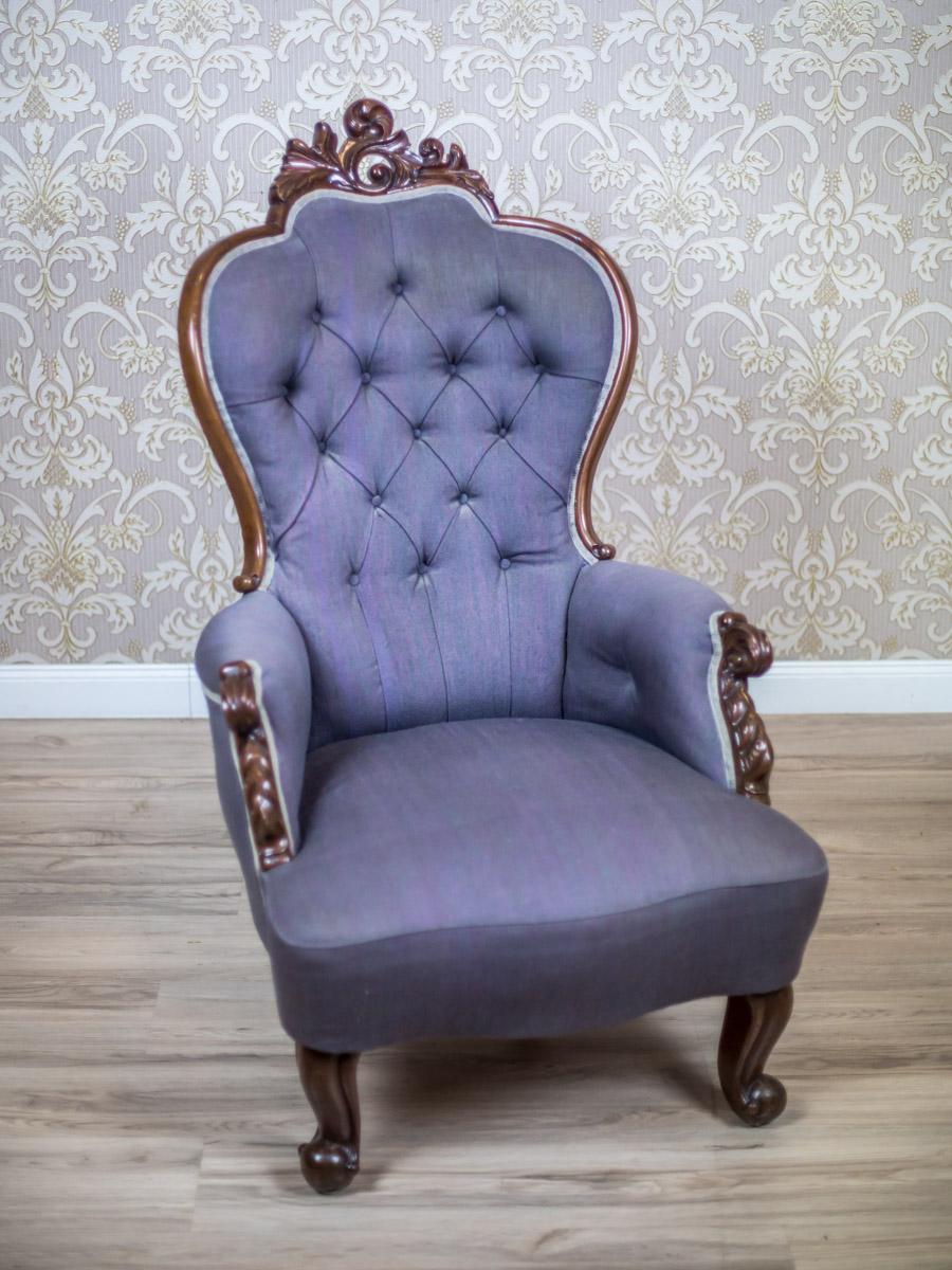 Scandinavian Neo-Rococo Walnut Armchair with Violet Fabric, circa 1860 For Sale