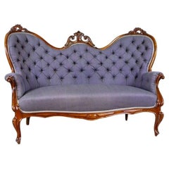 Antique Rococo Revival Walnut Sofa Circa 1860 in Violet Upholstery