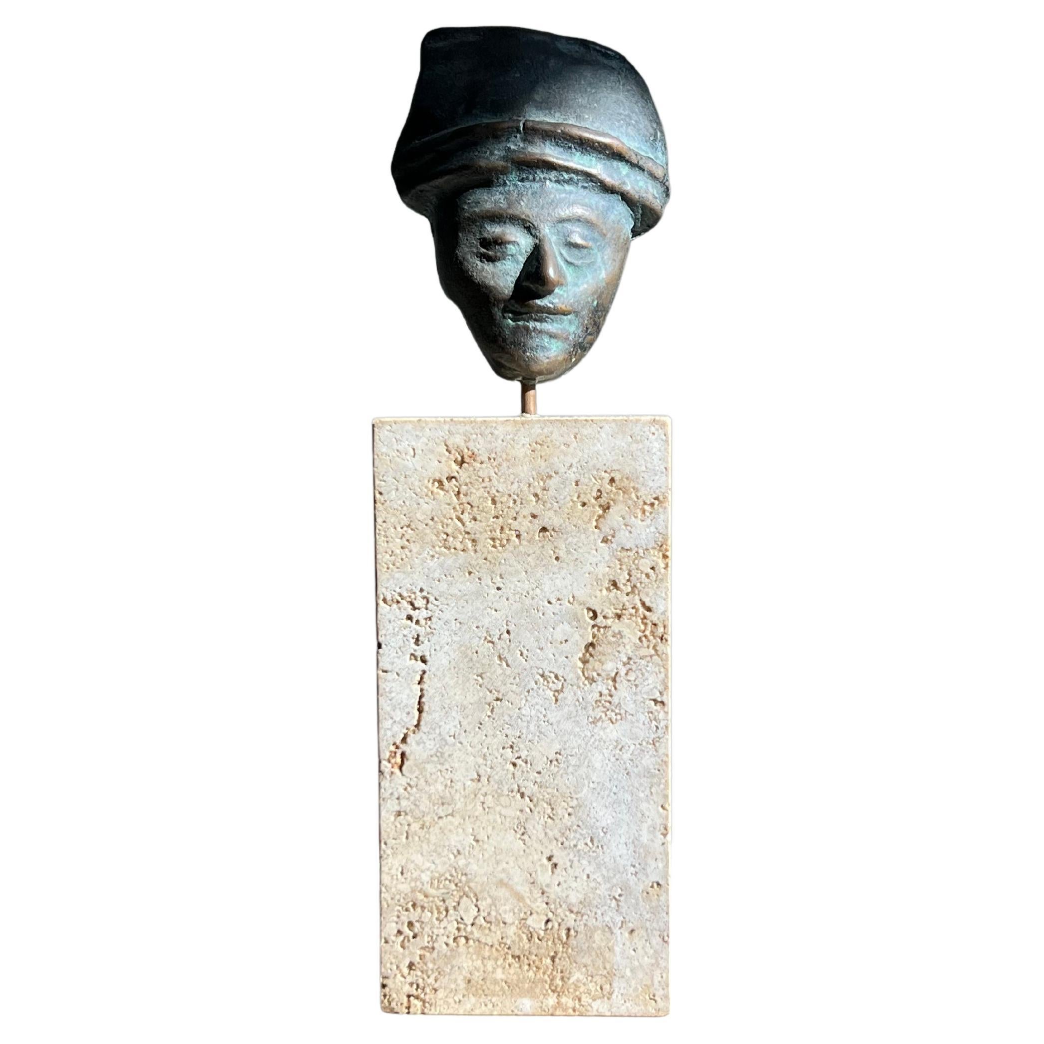 Neo Sumerian Style Bronze and Travertine Figurative Sculpture, 20th Century For Sale