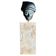 Vintage Neo Sumerian Style Bronze and Travertine Figurative Sculpture, 20th Century