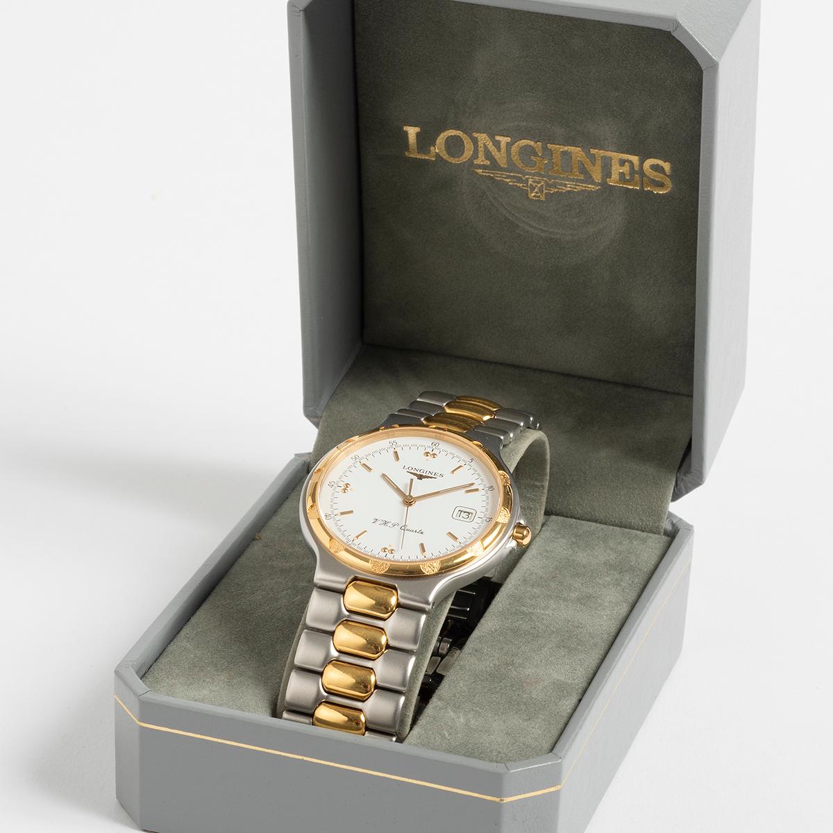 Our neo vintage Longines Conquest VHP features a stainless steel/ gold plated 35mm case and bracelet. Of note, this reference, 21601-01 was considered one of the stand out models of the Longines range in period, VHP standing for very high precision.