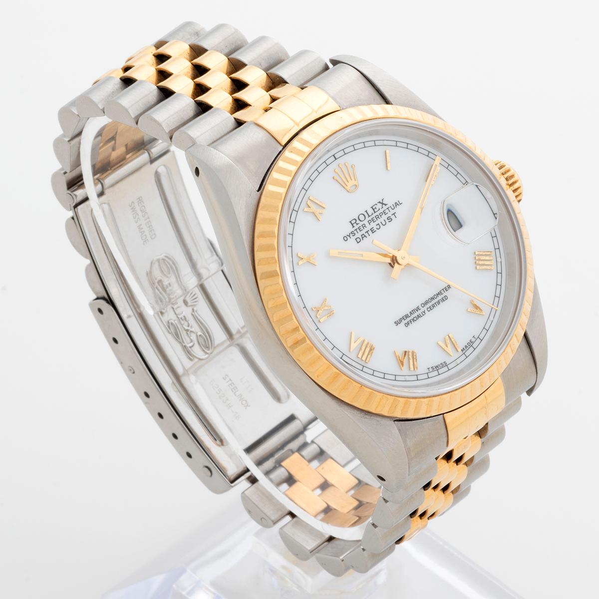 Our iconic neo vintage Rolex Datejust reference 16233 features a steel and 18k yellow gold 36mm case with steel and 18 k yellow gold jubilee bracelet. This Datejust notably features an attractive and rare white dial with 'thin' Roman Numerals,