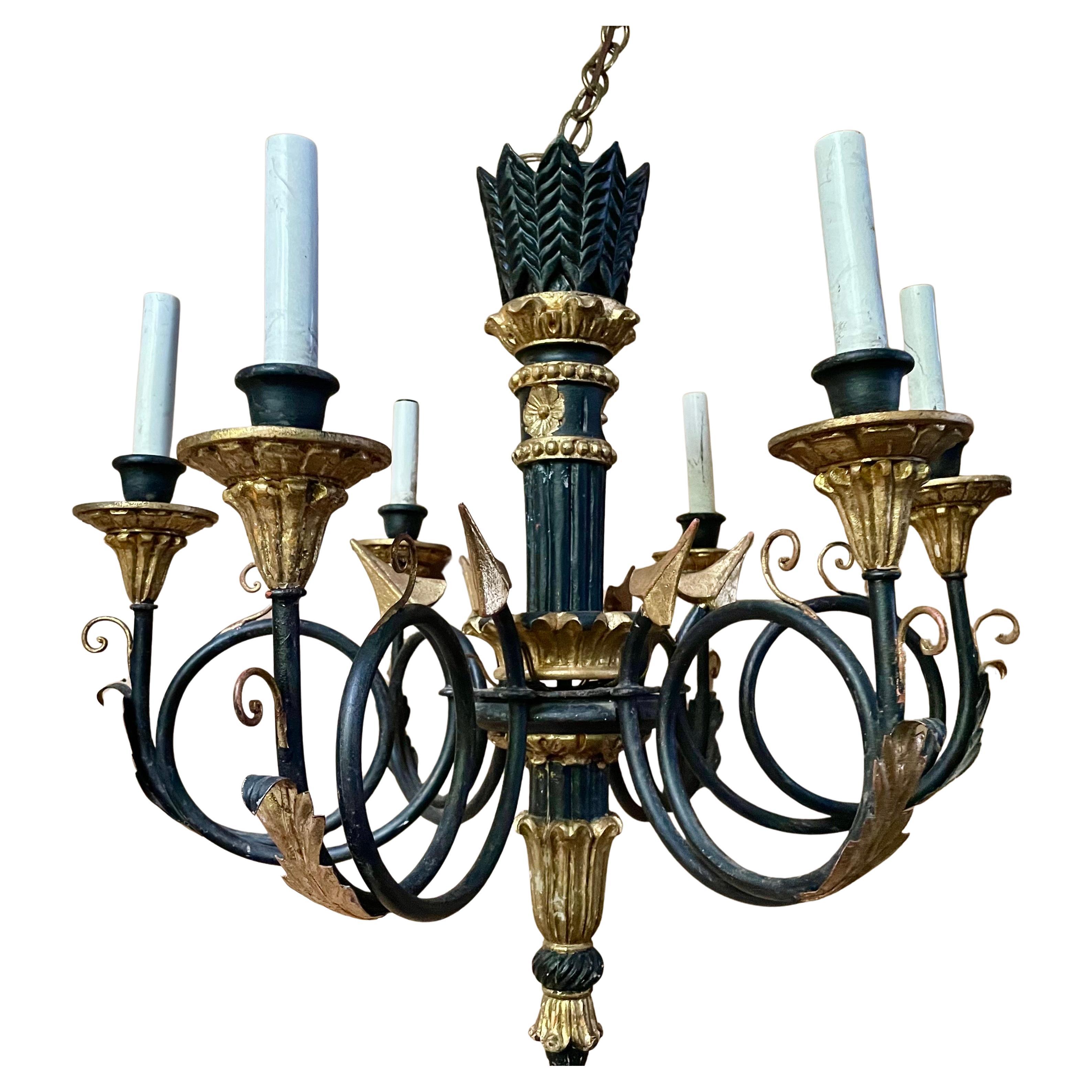 Neoclassic Arrow Italian Hand Carved Black Gold Painted Wood 6 Light Chandelier