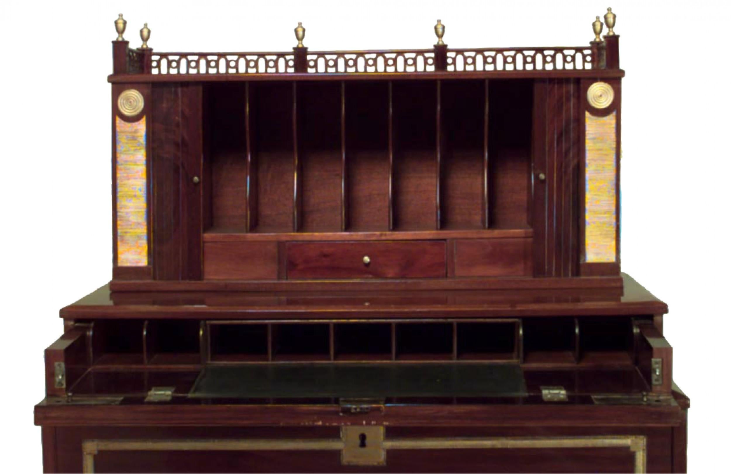 North European Neo-classic (Possibly Russian) (18/19th Century) brass mounted mahogany secretaire a abbatant with tambour doors over 2 fitted fall front and 3 long drawers