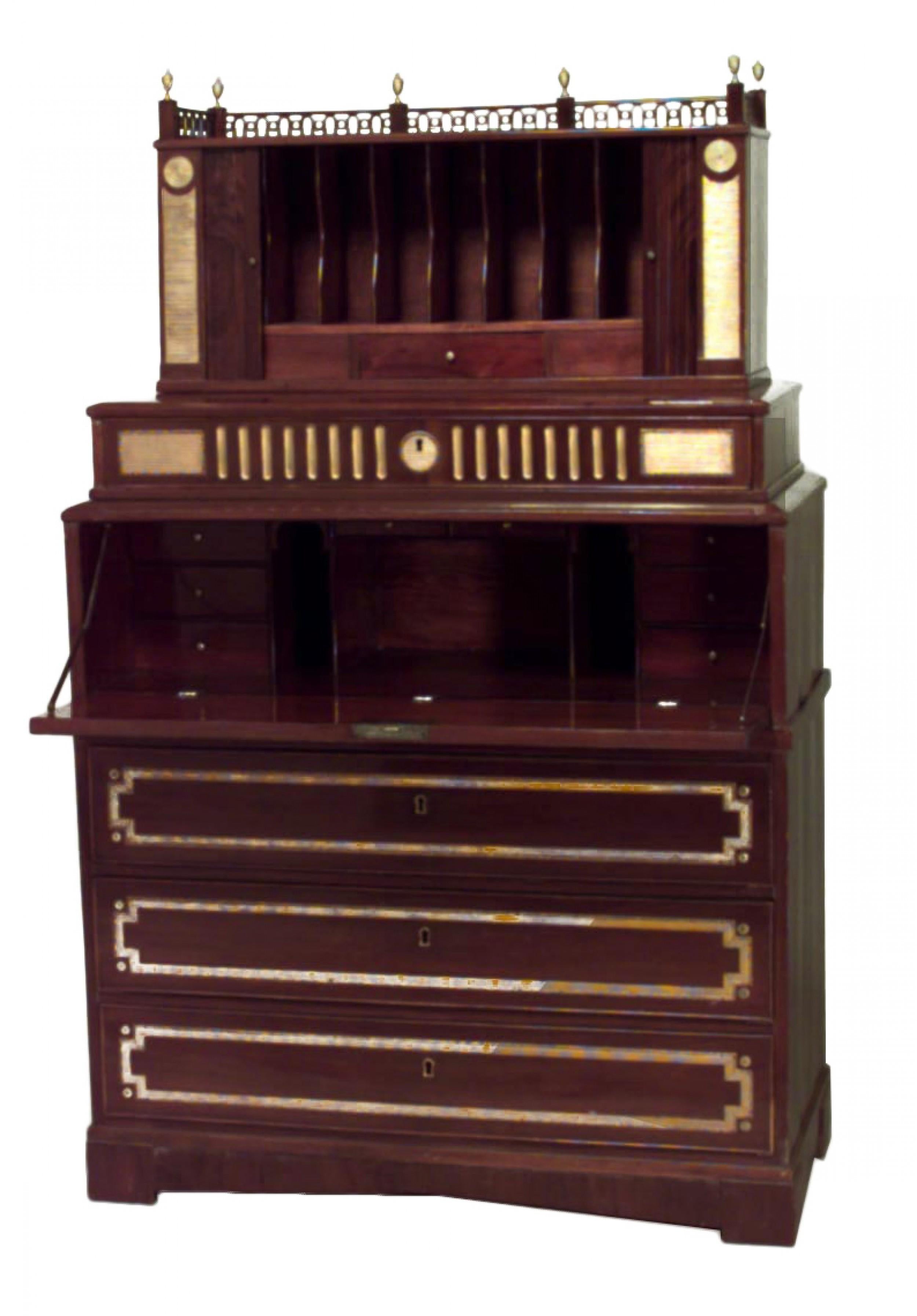 Balkan Neoclassic Brass and Mahogany Secretaire For Sale