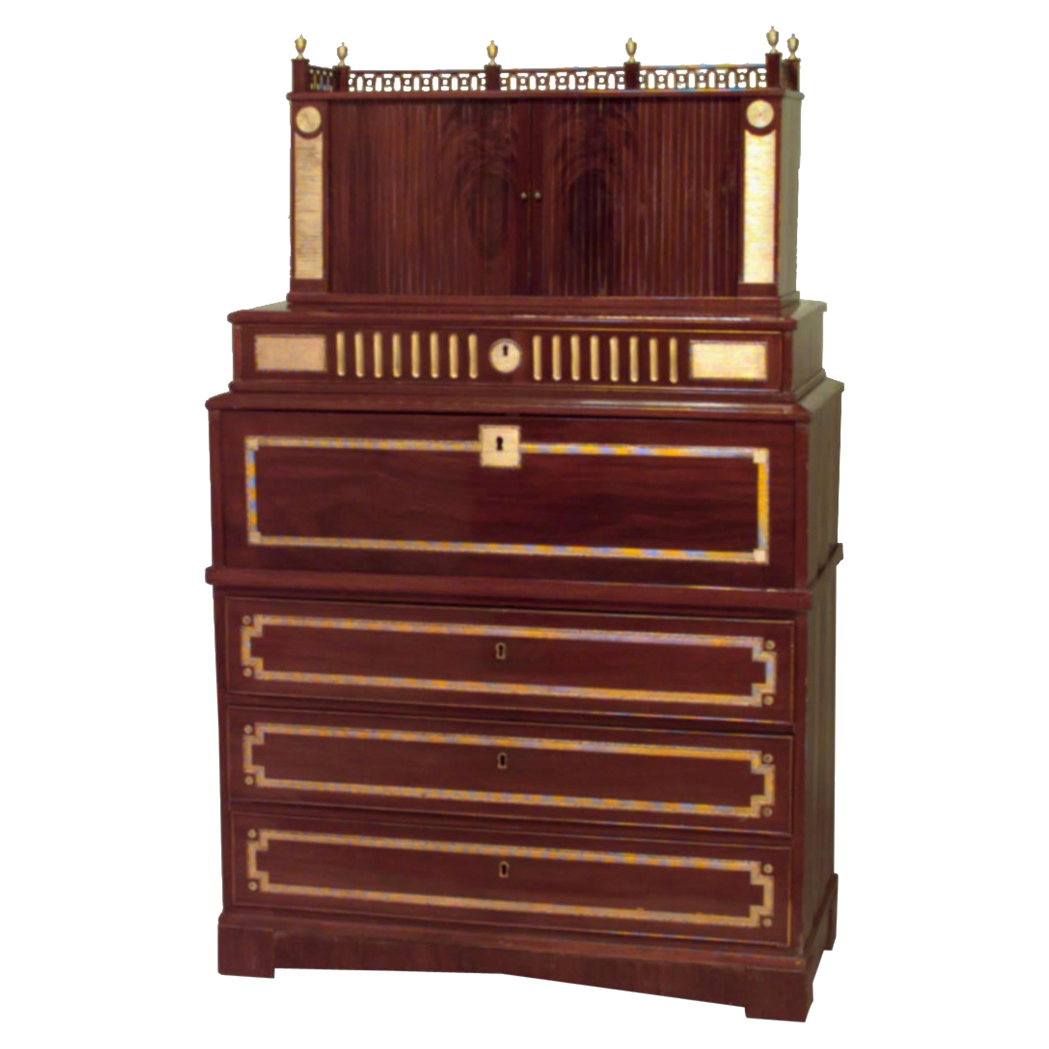 Neoclassic Brass and Mahogany Secretaire For Sale