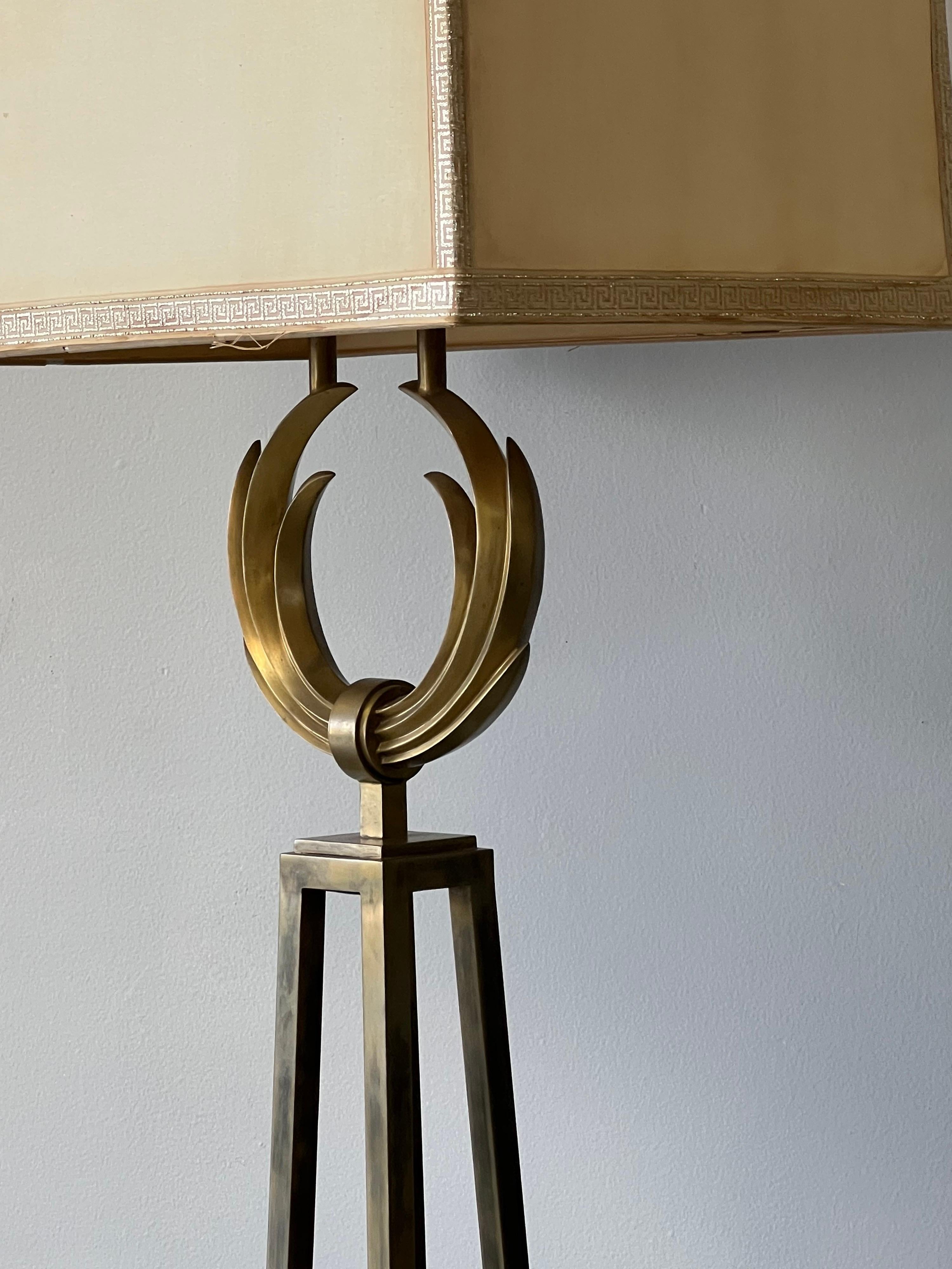 Late 20th Century Neoclassic Brass Floor Lamp with Greek Key Shade