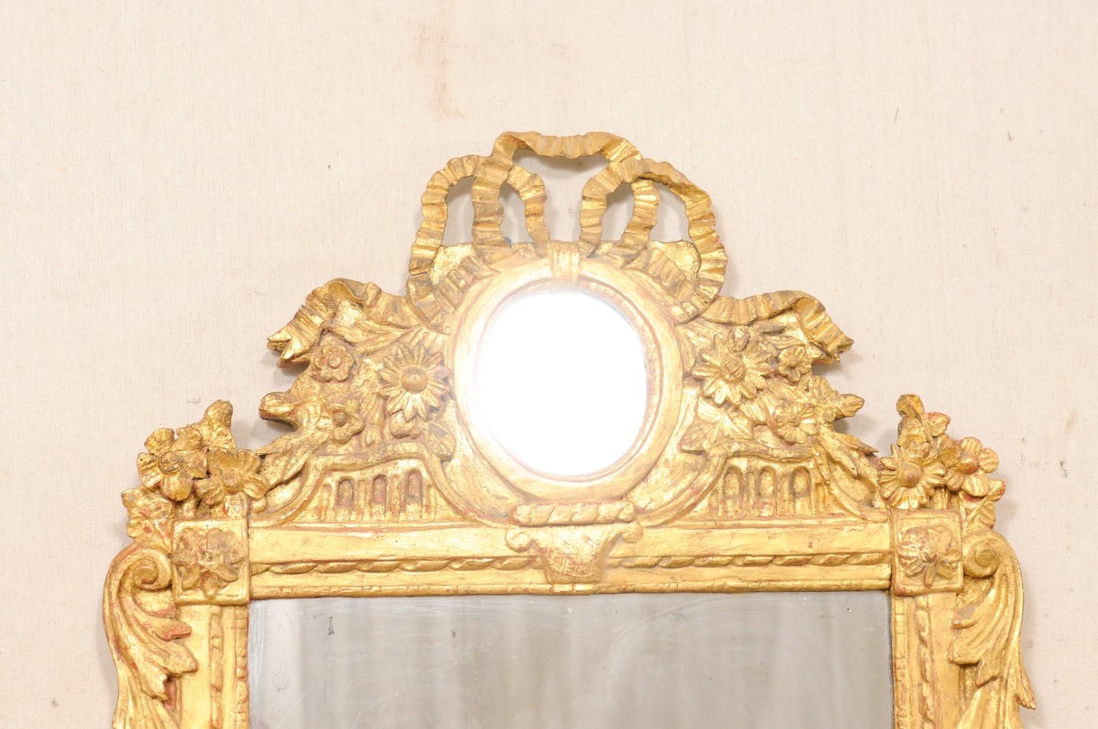 Giltwood Neoclassic French Carved & Gilt Wood Mirror with Bow-Tie & Mirror Crest, 19th C.