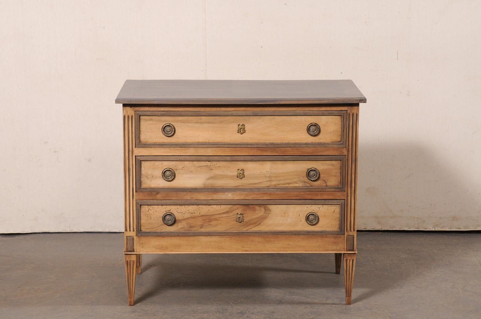 Neoclassic French Flute-Carved Commode, Bleached w/Grey Top and Accent Trim For Sale 5