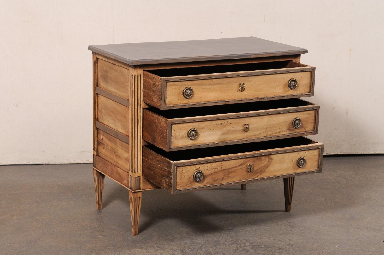 Neoclassical Neoclassic French Flute-Carved Commode, Bleached w/Grey Top and Accent Trim For Sale