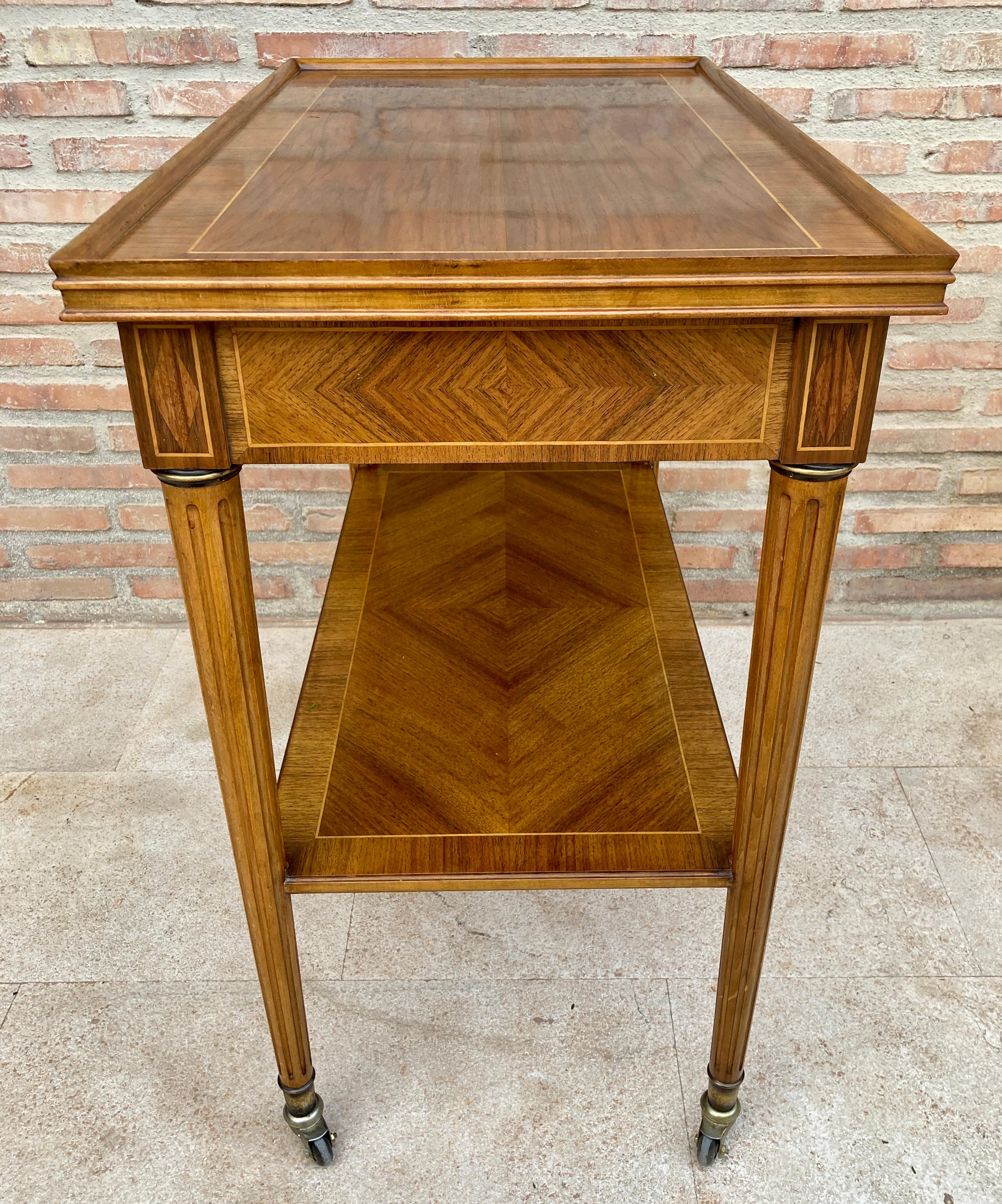 Neoclassic French Marquetry Side Table With One Drawer And Wheels 1940s For Sale 4