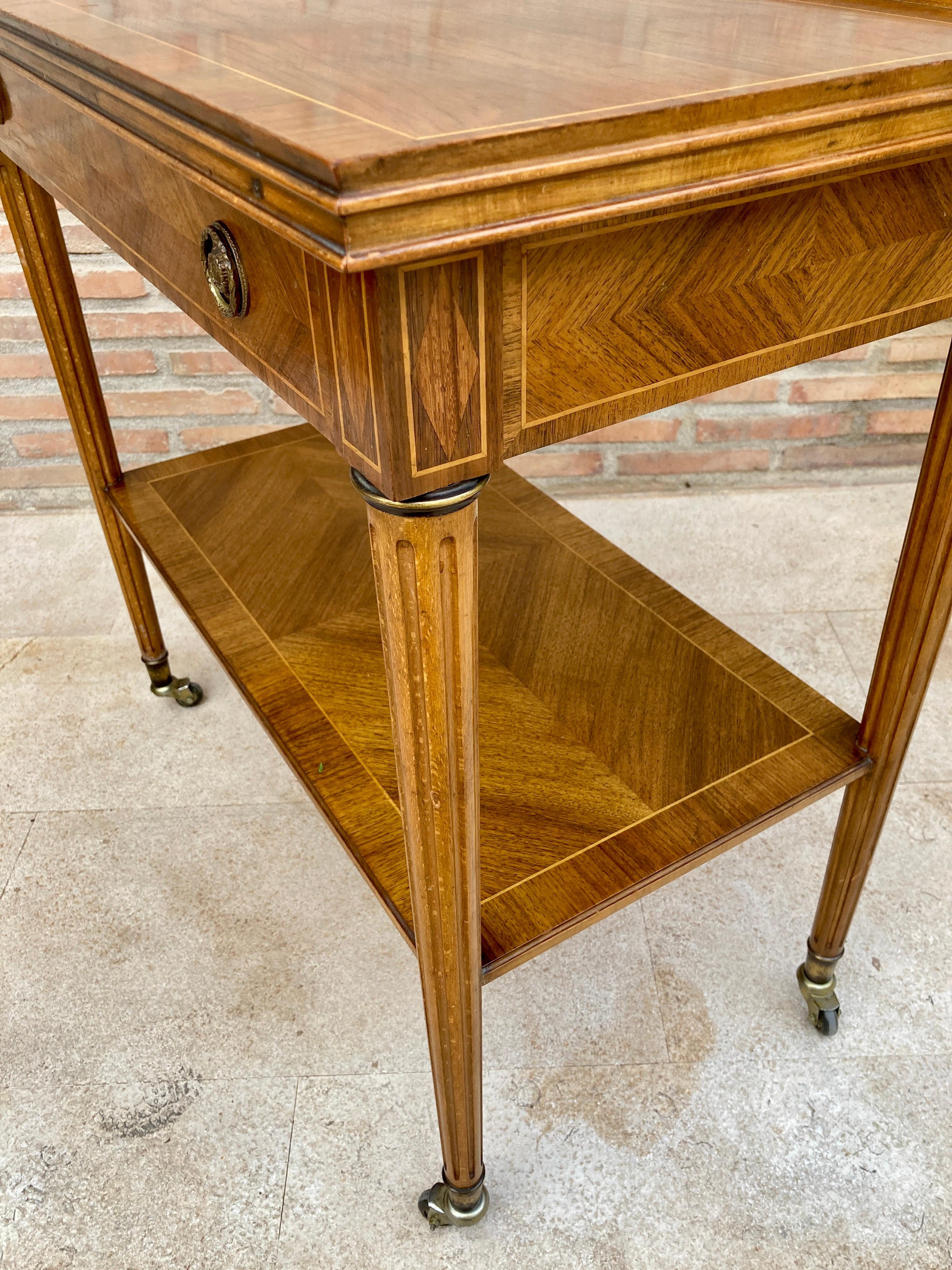 Neoclassic French Marquetry Side Table With One Drawer And Wheels 1940s For Sale 7