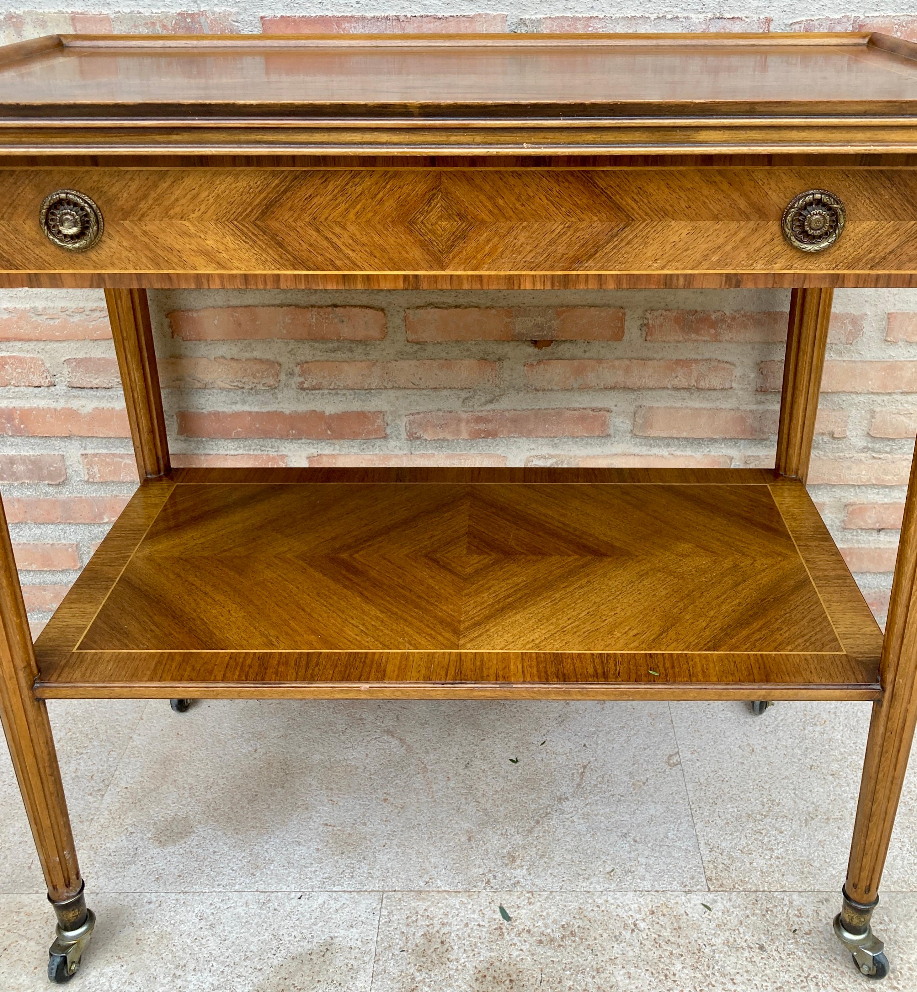French Provincial Neoclassic French Marquetry Side Table With One Drawer And Wheels 1940s For Sale