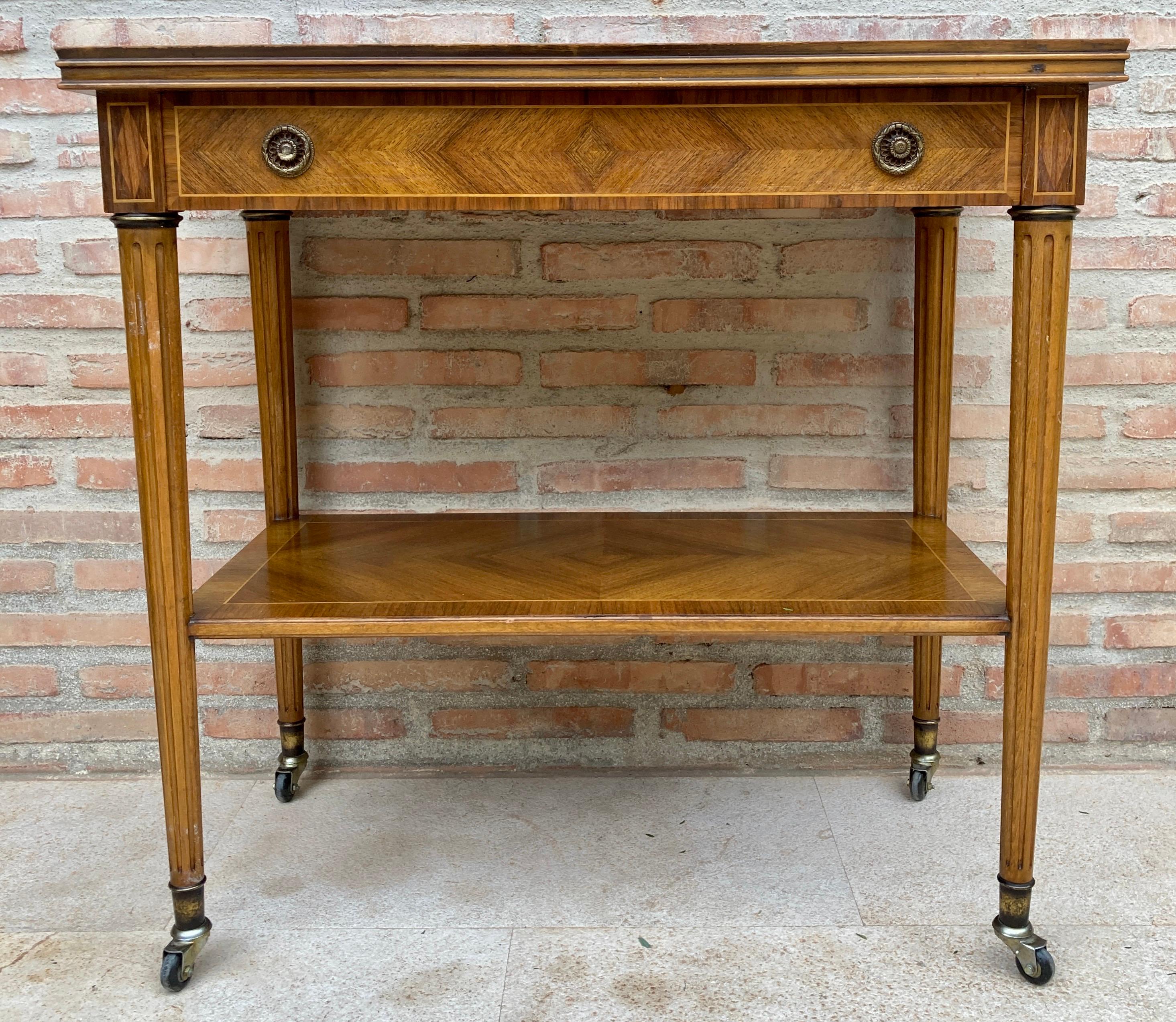 Neoclassic French Marquetry Side Table With One Drawer And Wheels 1940s In Good Condition For Sale In Miami, FL