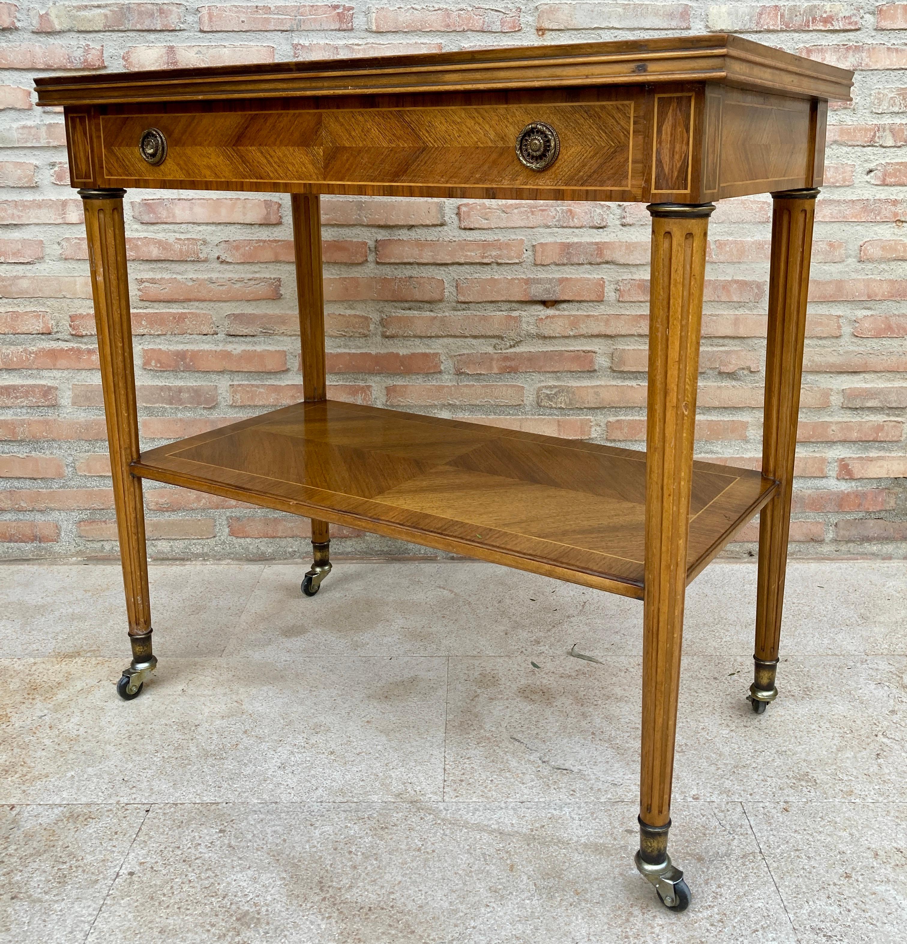20th Century Neoclassic French Marquetry Side Table With One Drawer And Wheels 1940s For Sale
