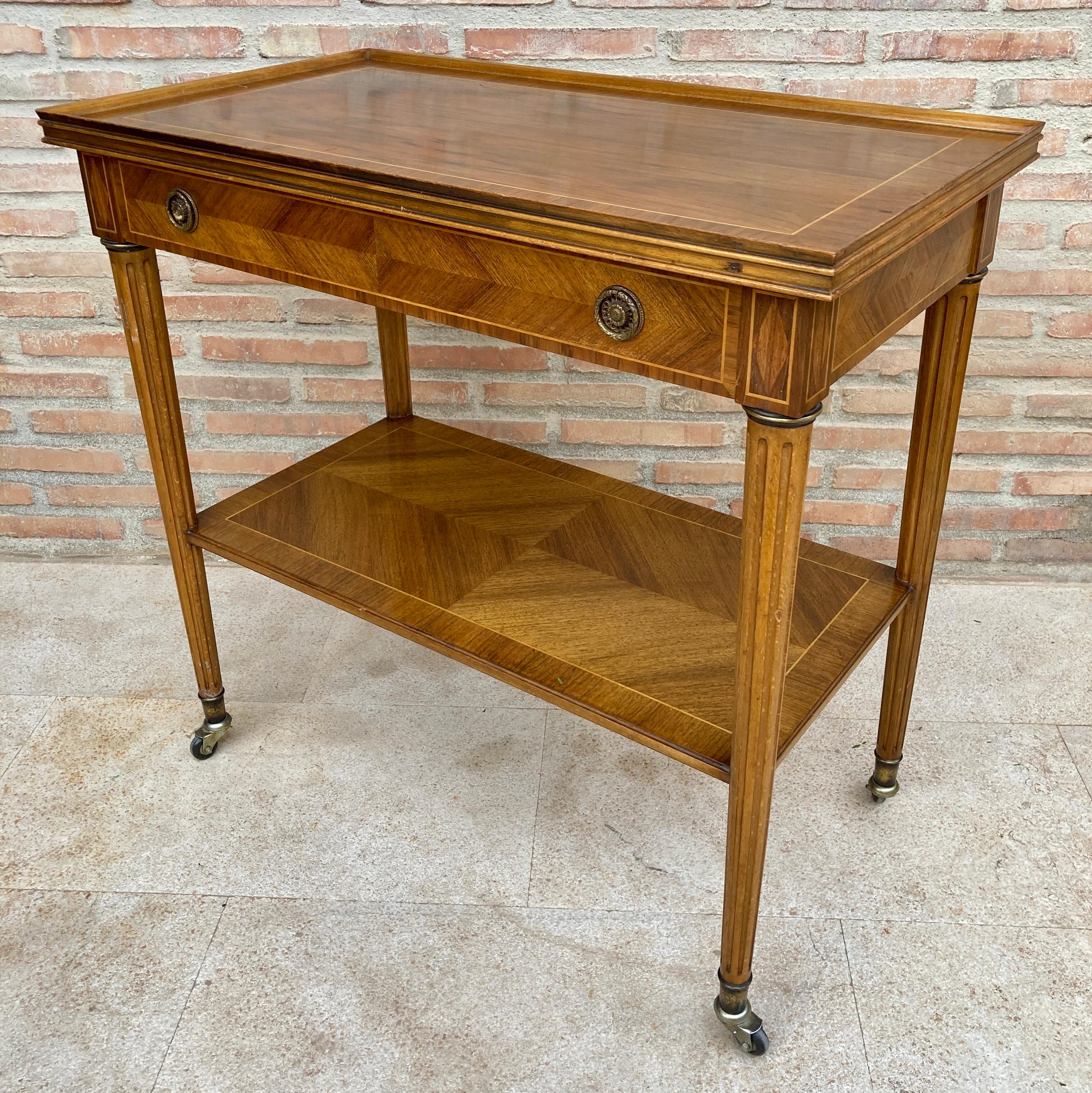 Walnut Neoclassic French Marquetry Side Table With One Drawer And Wheels 1940s For Sale