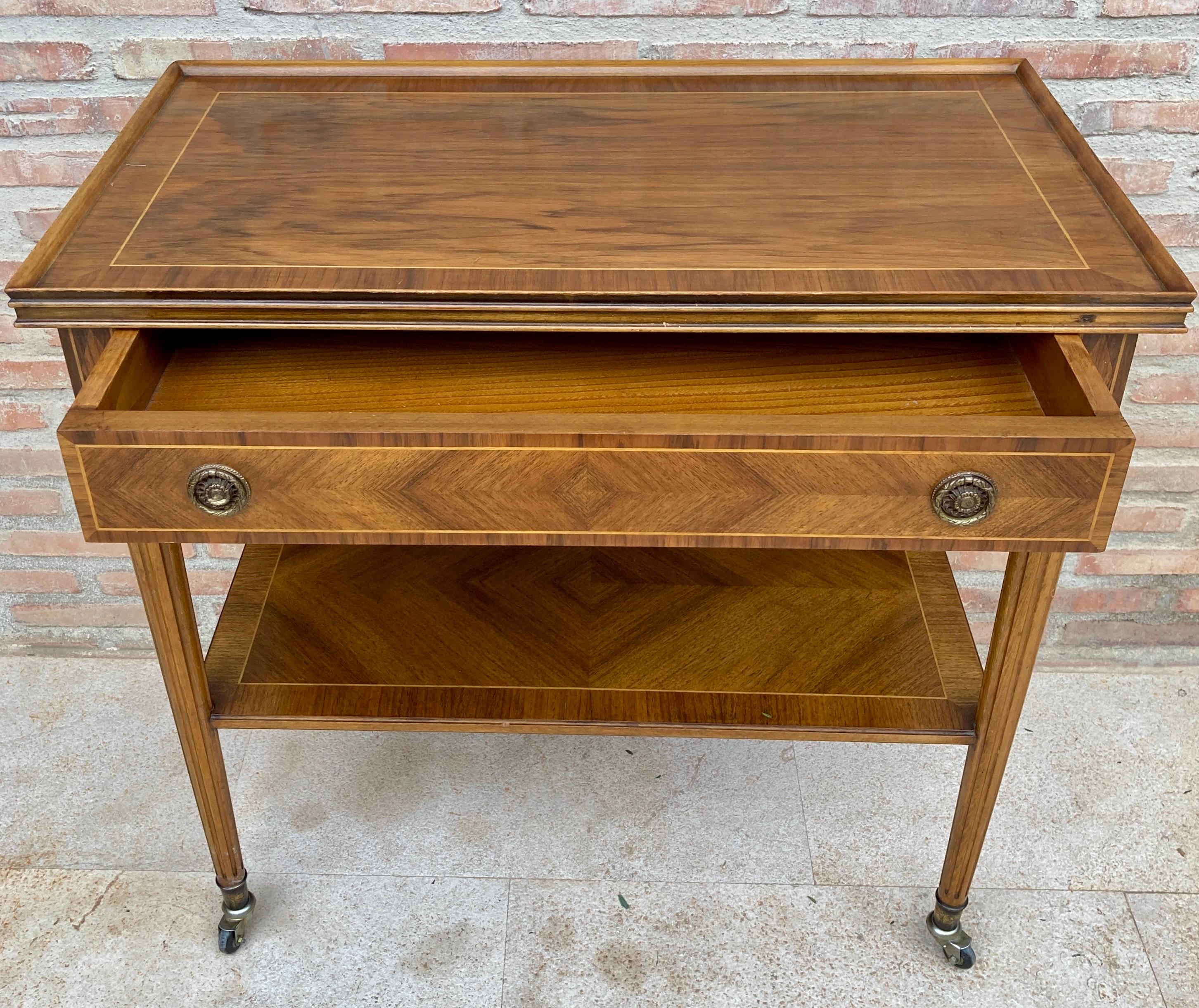 Neoclassic French Marquetry Side Table With One Drawer And Wheels 1940s For Sale 2