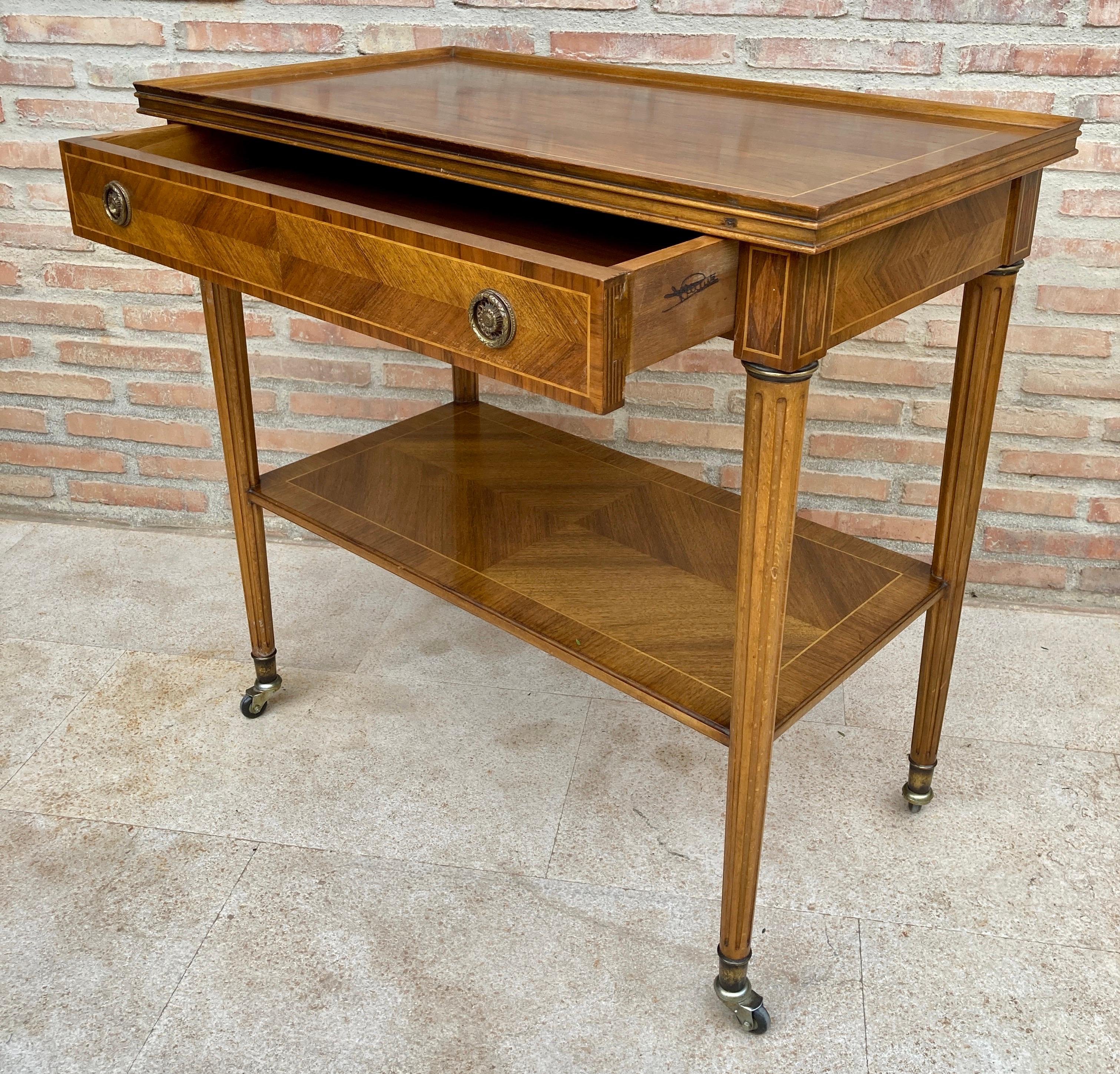 Neoclassic French Marquetry Side Table With One Drawer And Wheels 1940s For Sale 3