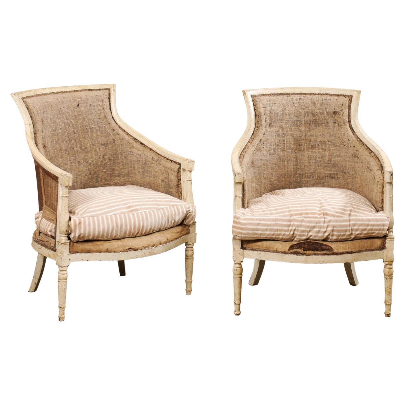 Neoclassic French Pair of 19th C. Bergères Armchairs 'Nicely Sized Seats!' For Sale
