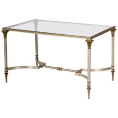 Neoclassic French Steel and Brass Coffee Table, Inset Glass Top