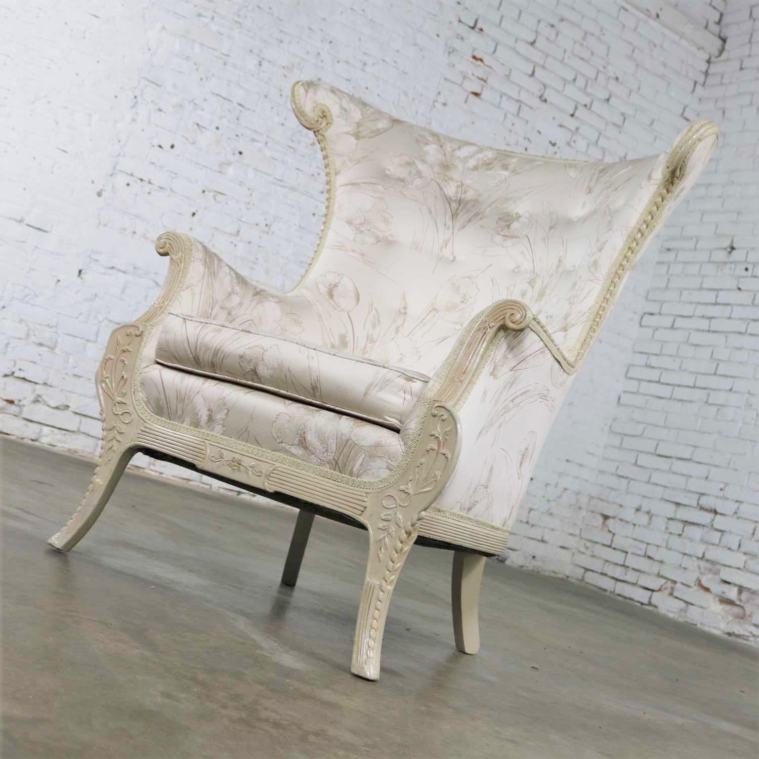 Neoclassic French Style Large Wingback Lounge Chair in Antique White 1