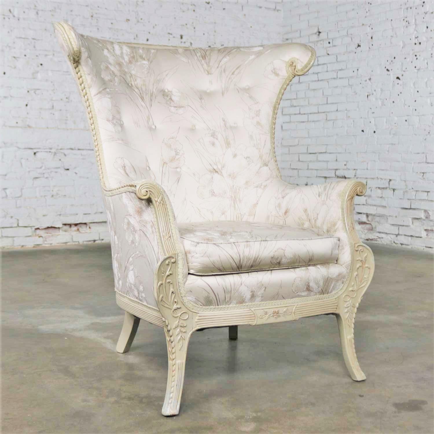 Neoclassic French Style Large Wingback Lounge Chair in Antique White 2