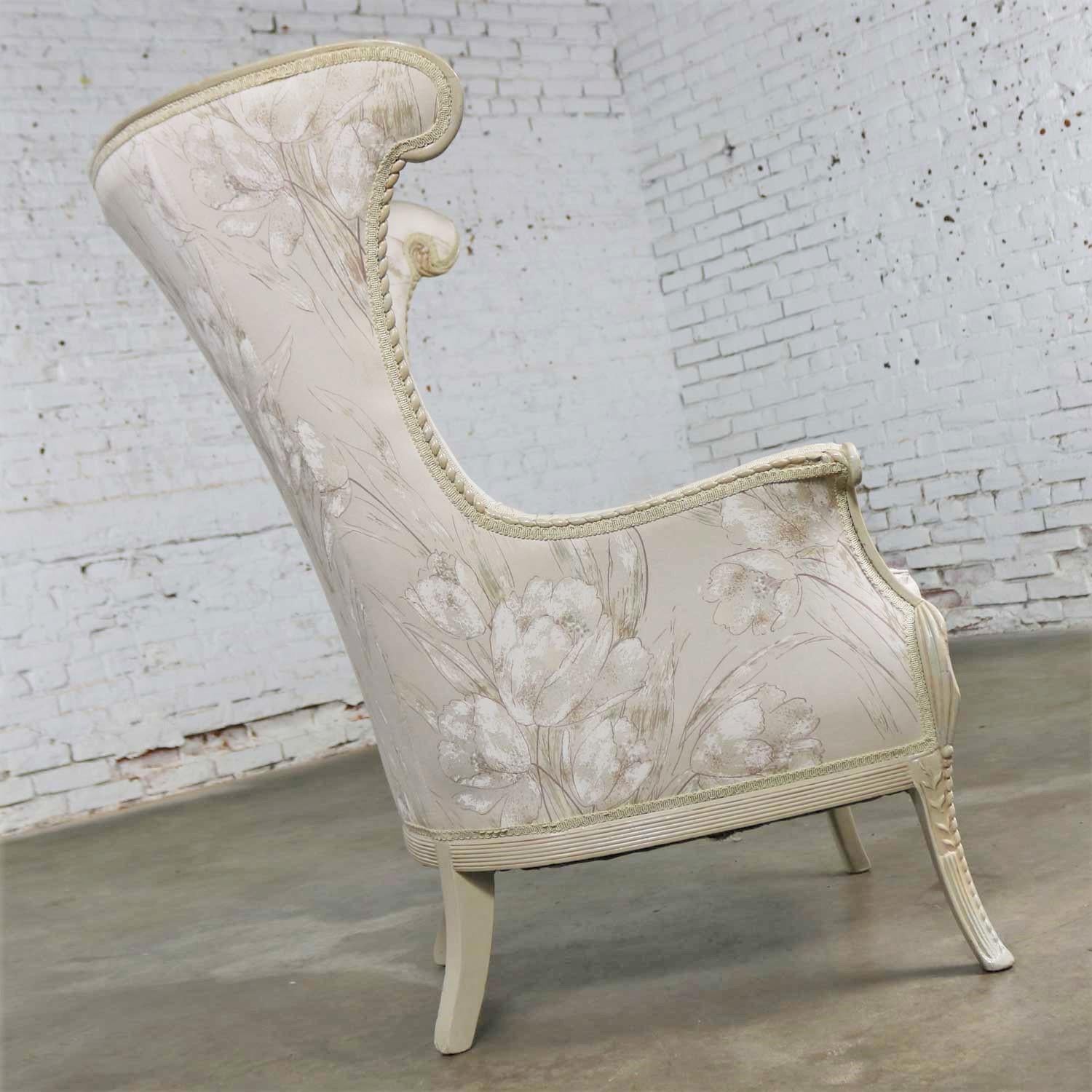 Painted Neoclassic French Style Large Wingback Lounge Chair in Antique White