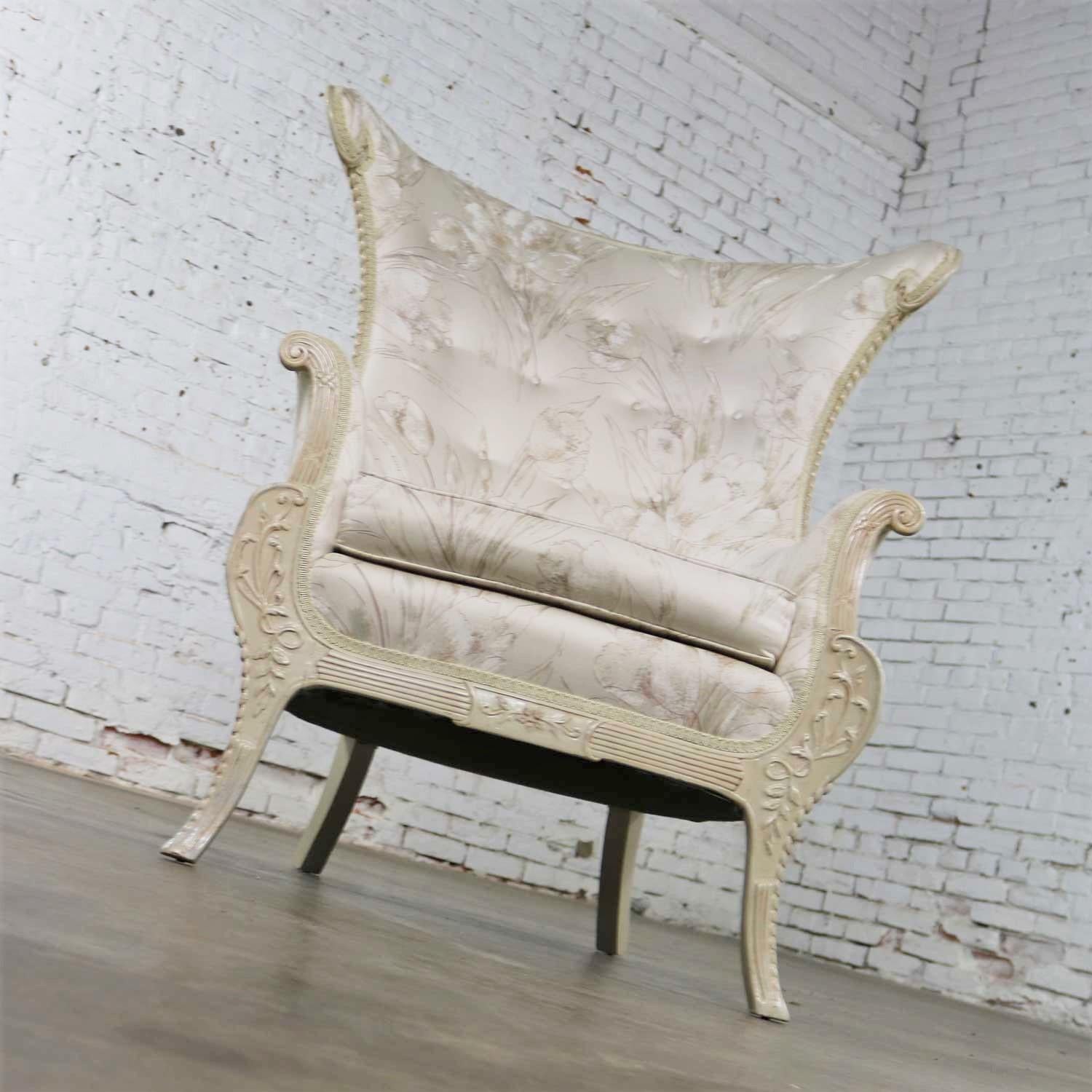 Fabric Neoclassic French Style Large Wingback Lounge Chair in Antique White