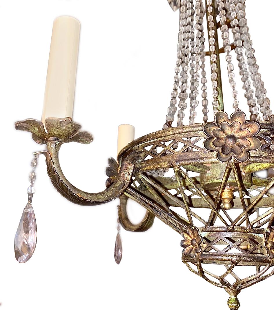 Mid-20th Century Neoclassic French Tole and Crystal Chandelier For Sale