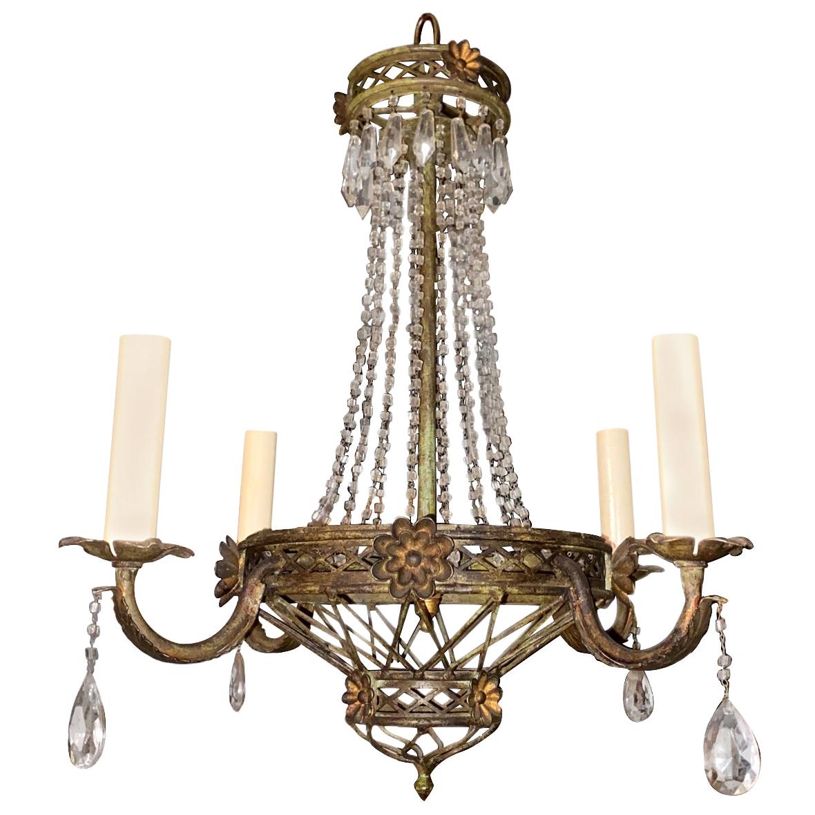 Neoclassic French Tole and Crystal Chandelier For Sale