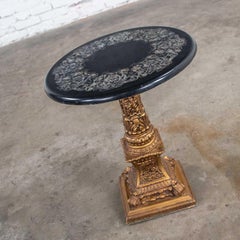 Neoclassic Hollywood Regency Gilded Plaster Round Pedestal Side Table Black Top