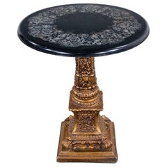 Neoclassic Hollywood Regency Gilded Plaster Round Pedestal Side Table Black Top