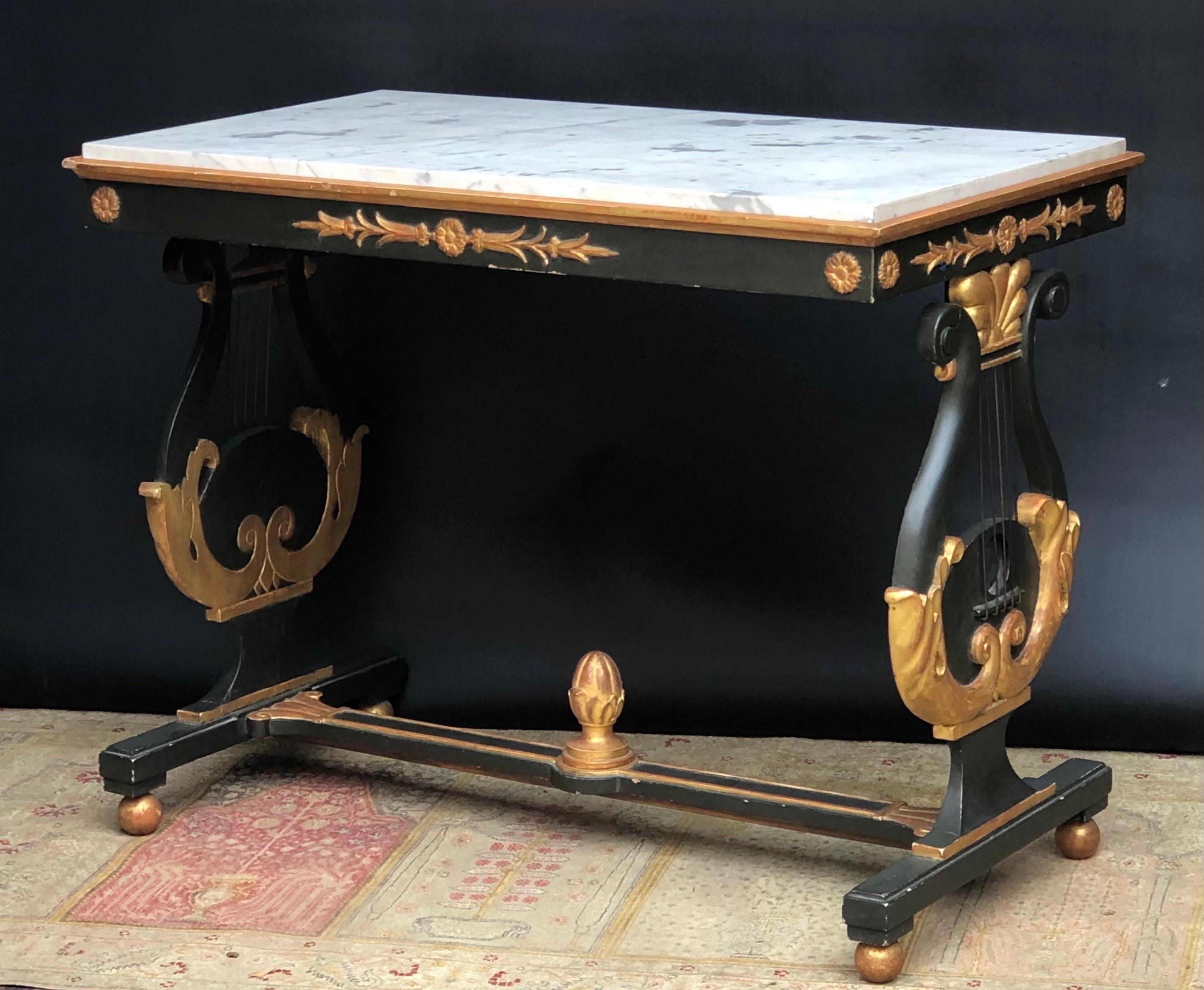 Neoclassic Italian Parcel-Gilt Verde Lyre Base Marble Top Table / Console 19th C 4