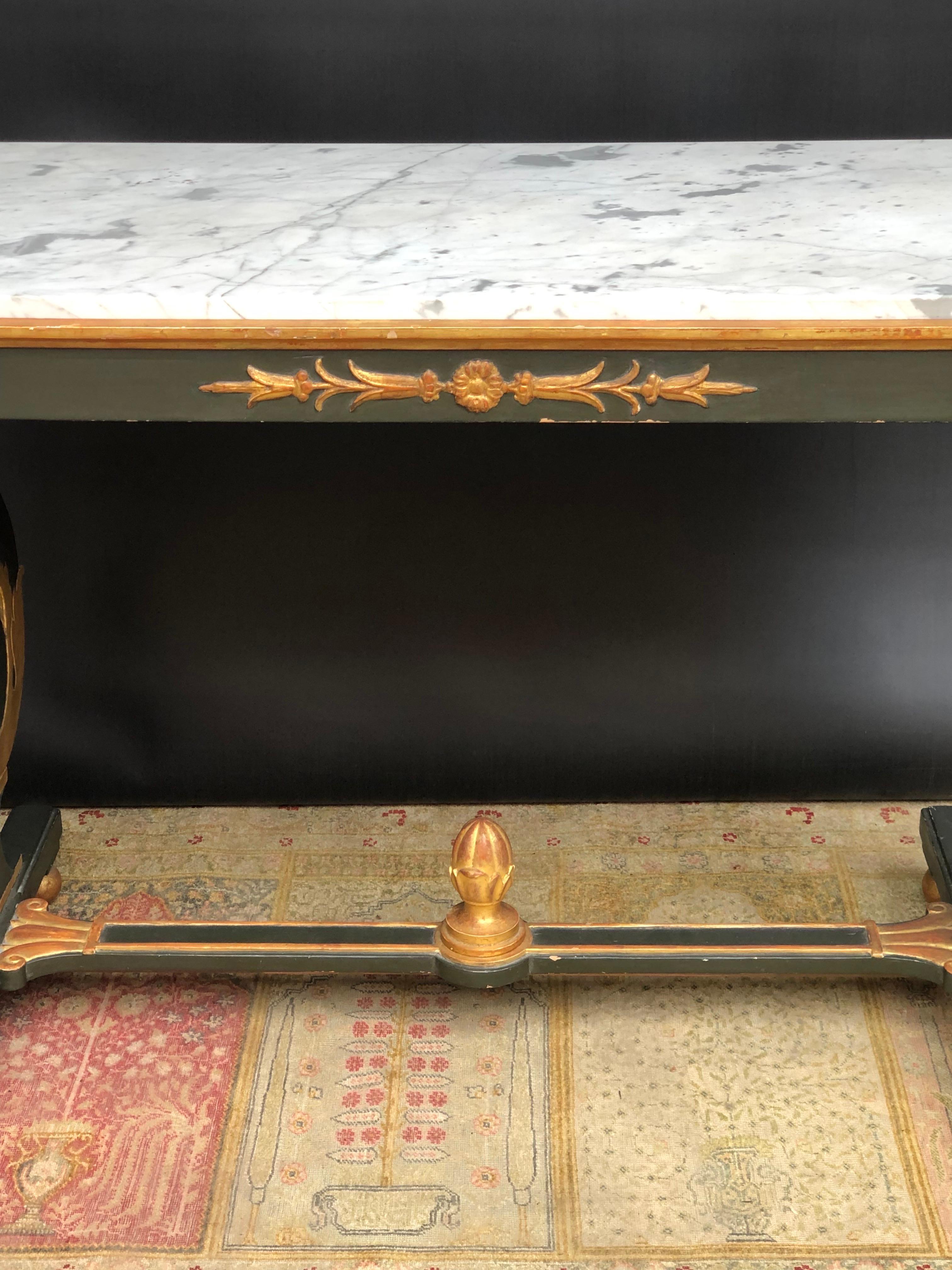 Neoclassic Italian Parcel-Gilt Verde Lyre Base Marble Top Table / Console 19th C 5
