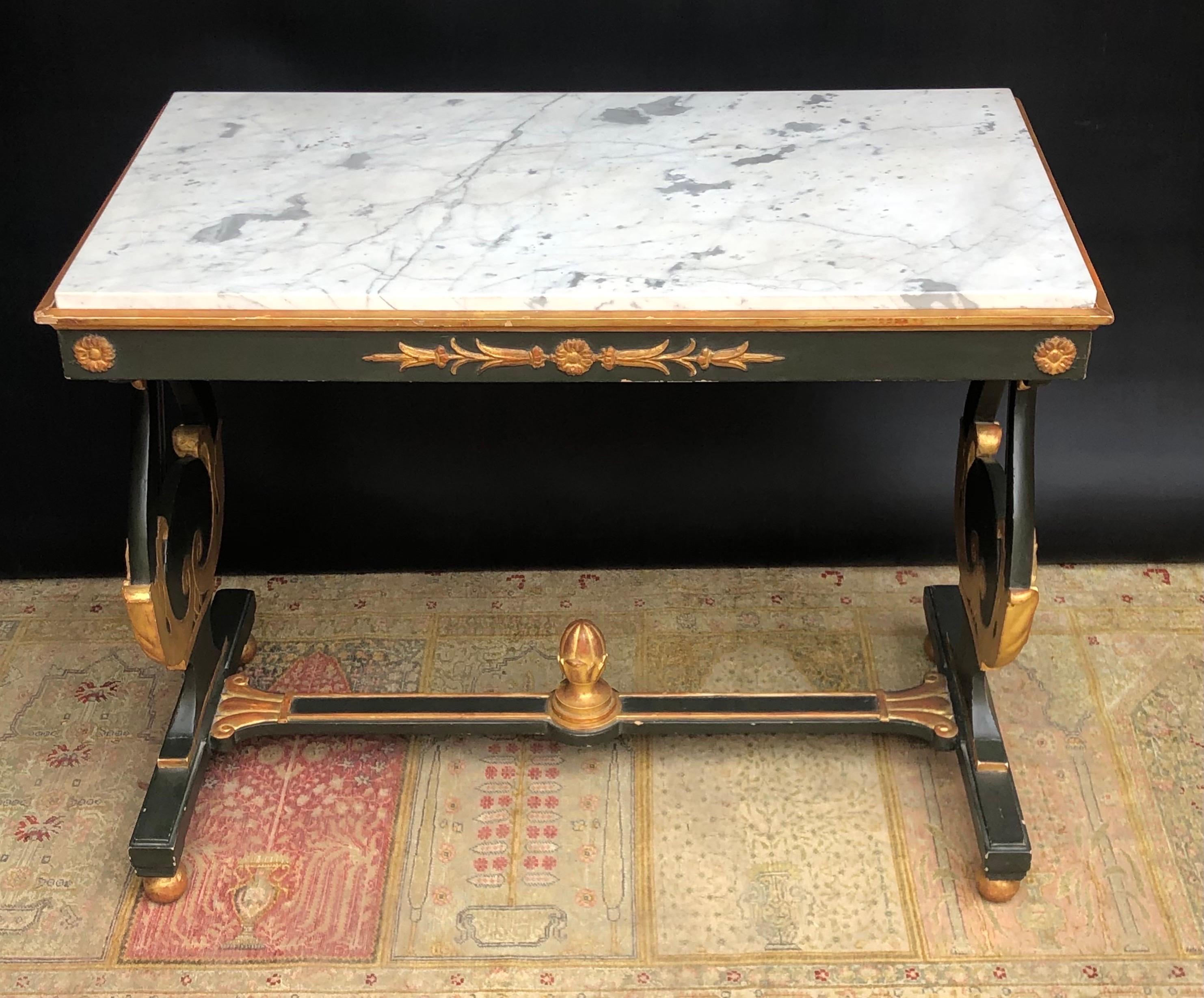 Neoclassic Italian Parcel-Gilt Verde Lyre Base Marble Top Table / Console 19th C 8
