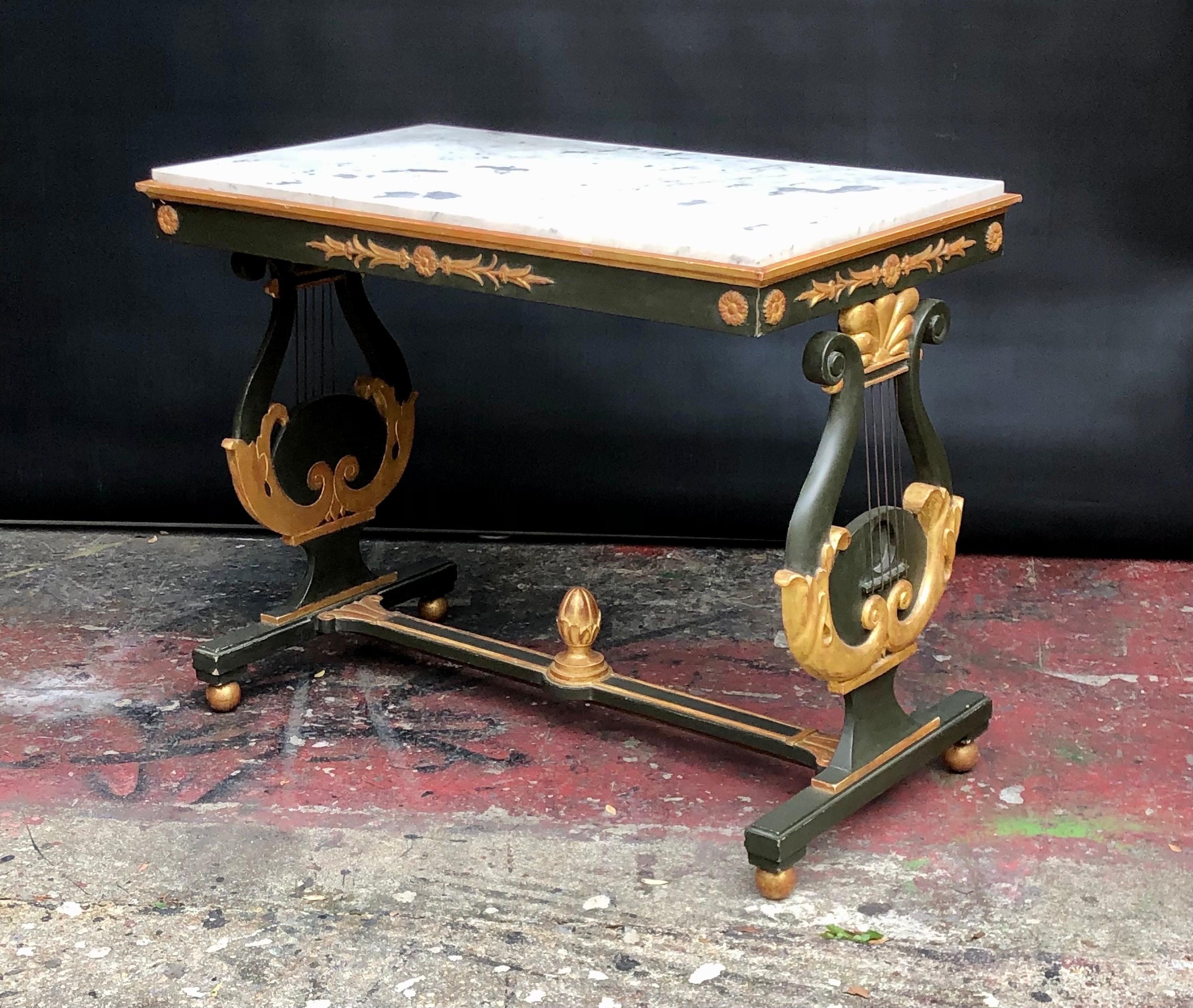 Neoclassic Italian Parcel-Gilt Verde Lyre Base Marble Top Table / Console 19th C 9